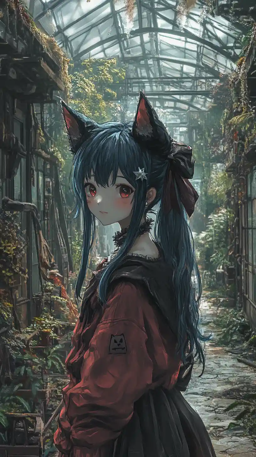 Caminho em estufa de anime ladeado por plantas exóticas exuberantes