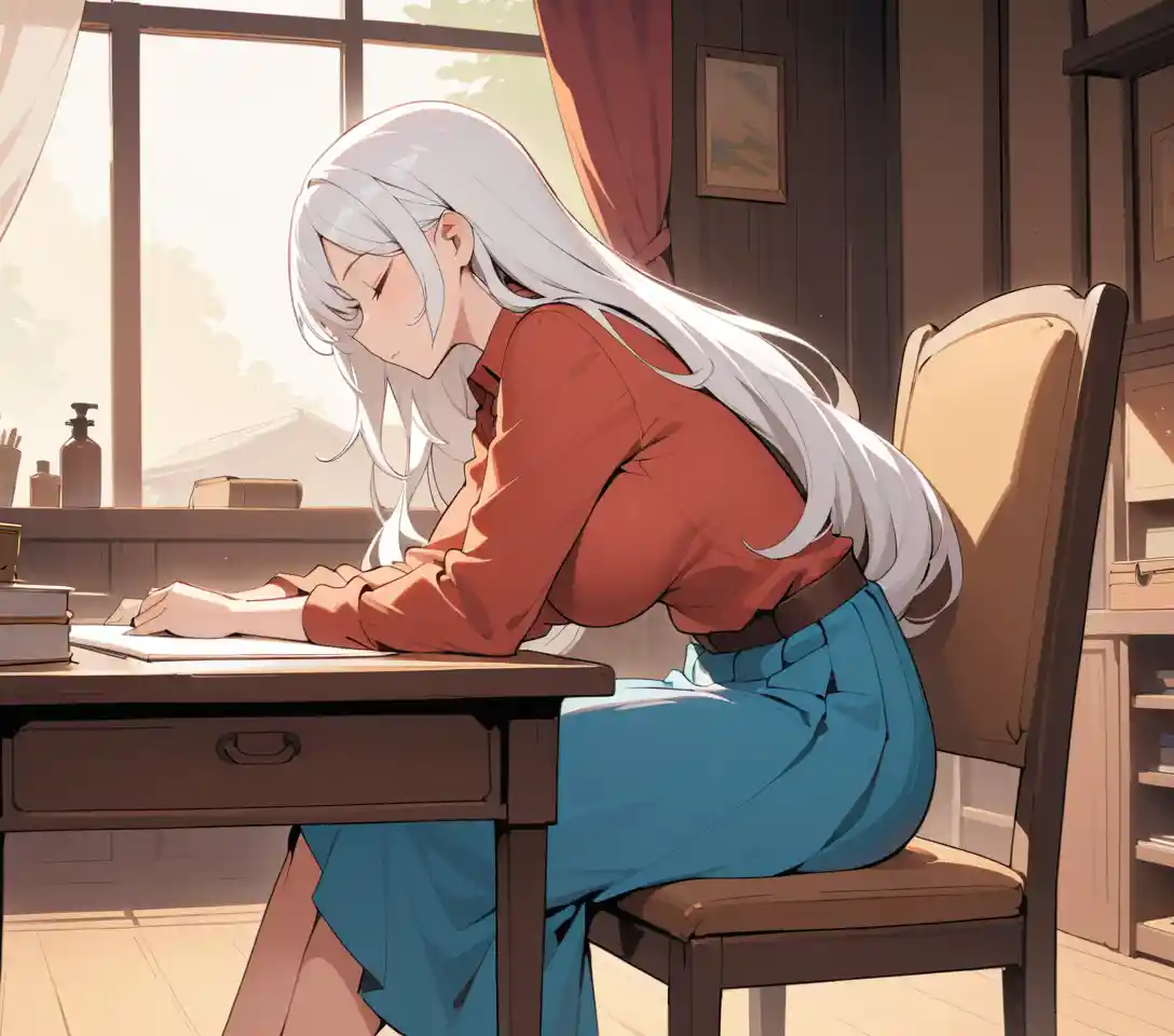 Mature woman sleeping at her desk in an office interior