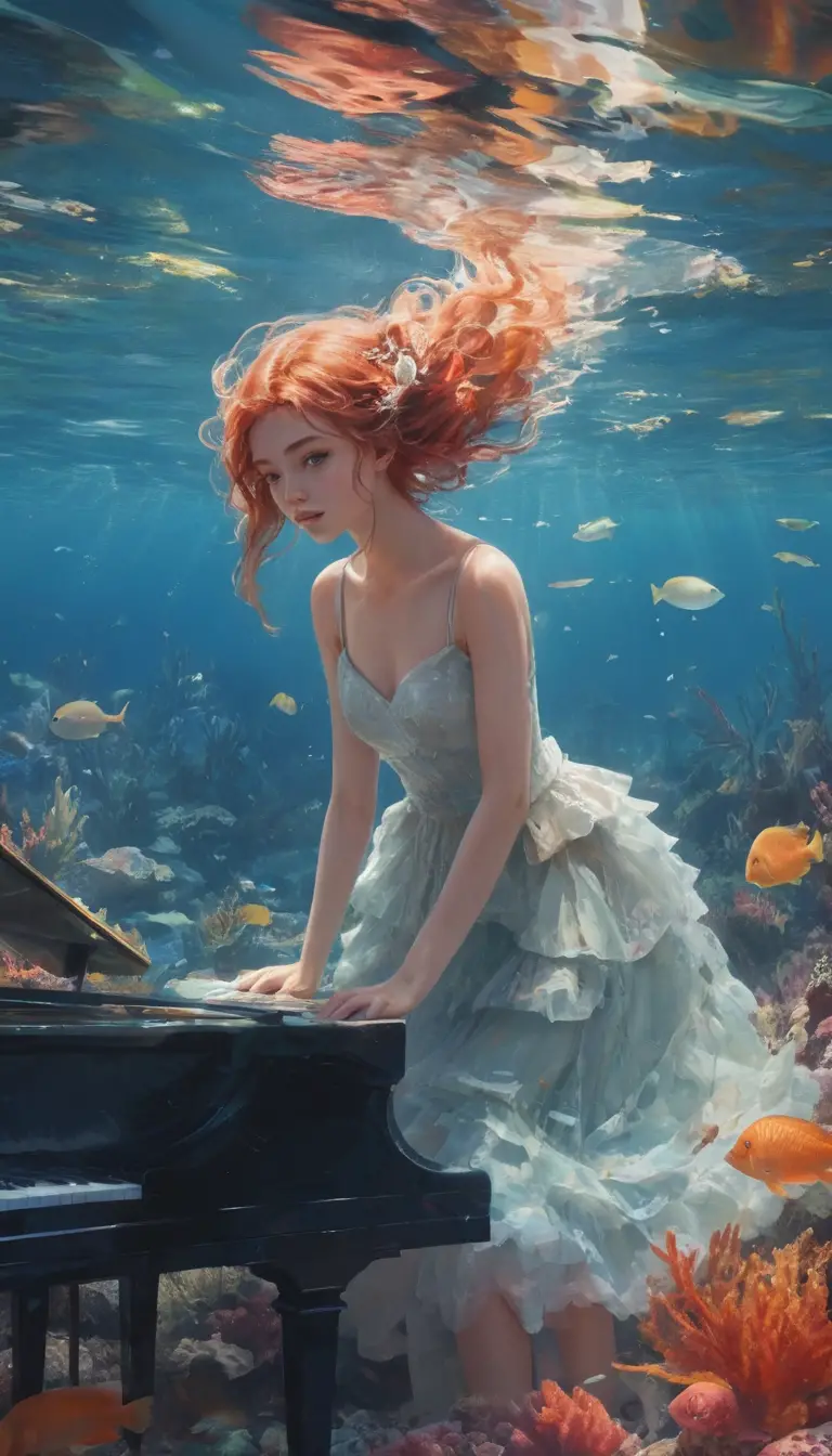 Anime girl playing piano in a glowing coral reef