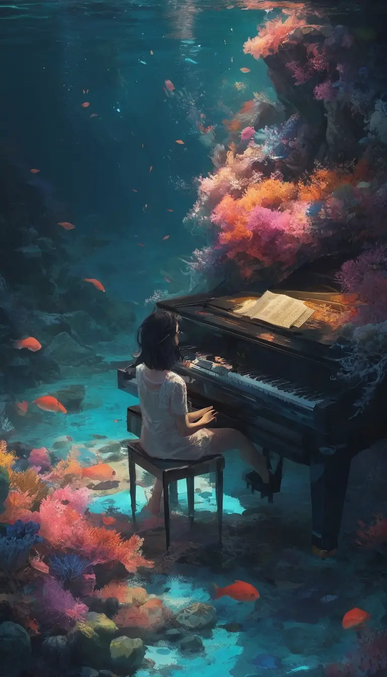Anime style piano performance in a vivid coral reef