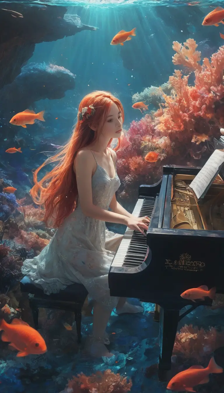 Anime girl playing piano in a dreamy coral reef