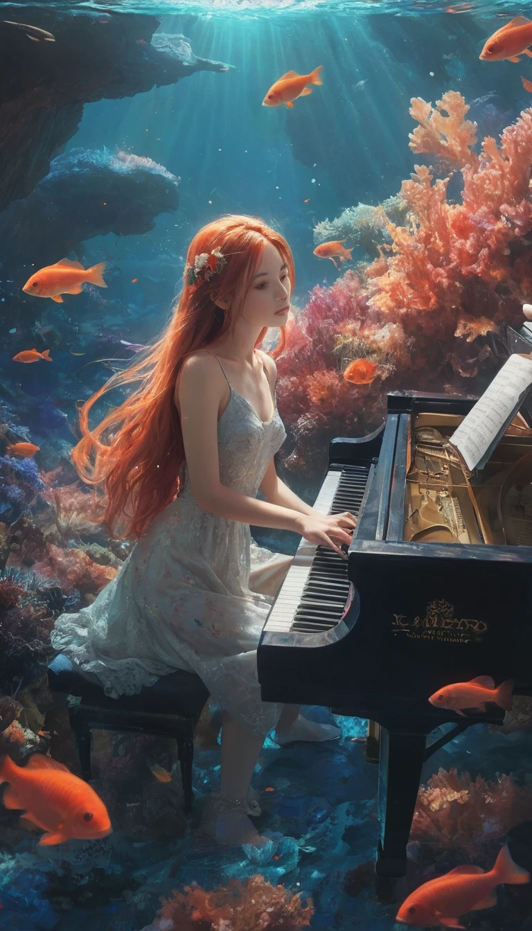 Anime girl playing piano in a dreamy coral reef