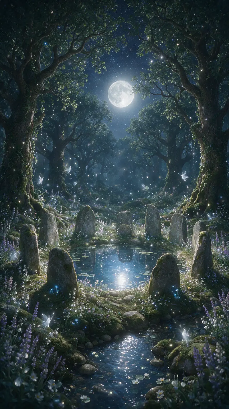 石環與鏡面水池的魔幻月光林間空地