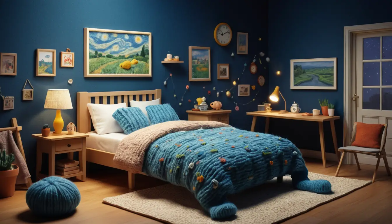 Childlike digital illustration of a girl afraid in bed