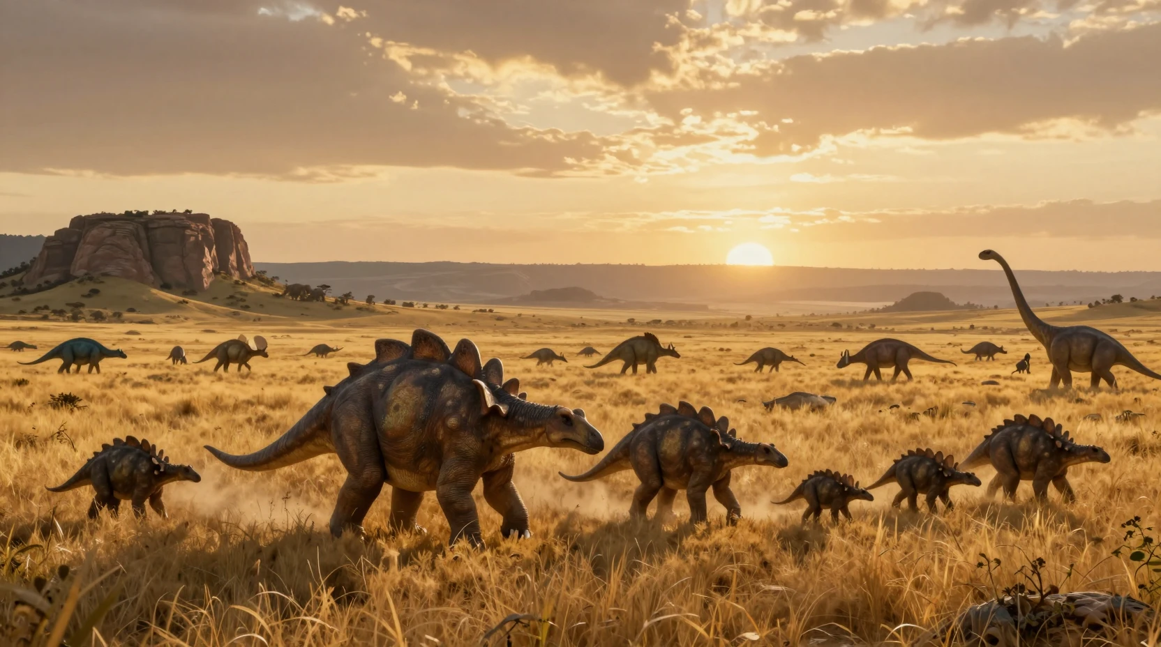 Familia de estegosaurios cruzando una pradera dorada prehistórica