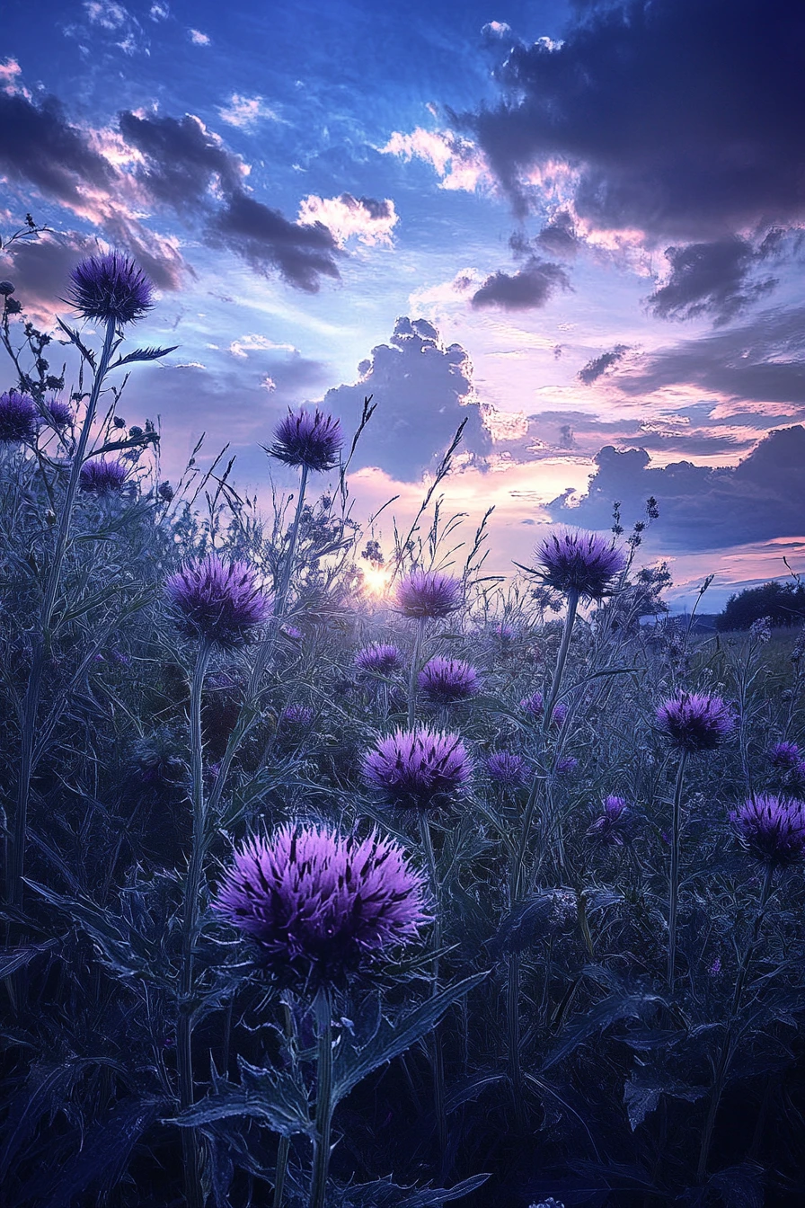 Lila Distelblüten unter einem blauen Abendhimmel