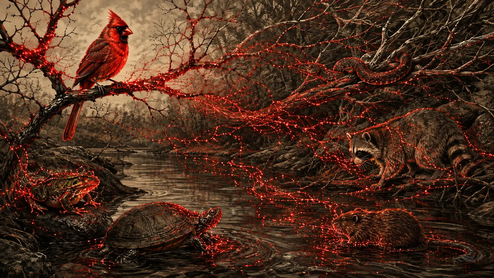 Roter Kardinal auf Flussast in surreal leuchtendem Wald