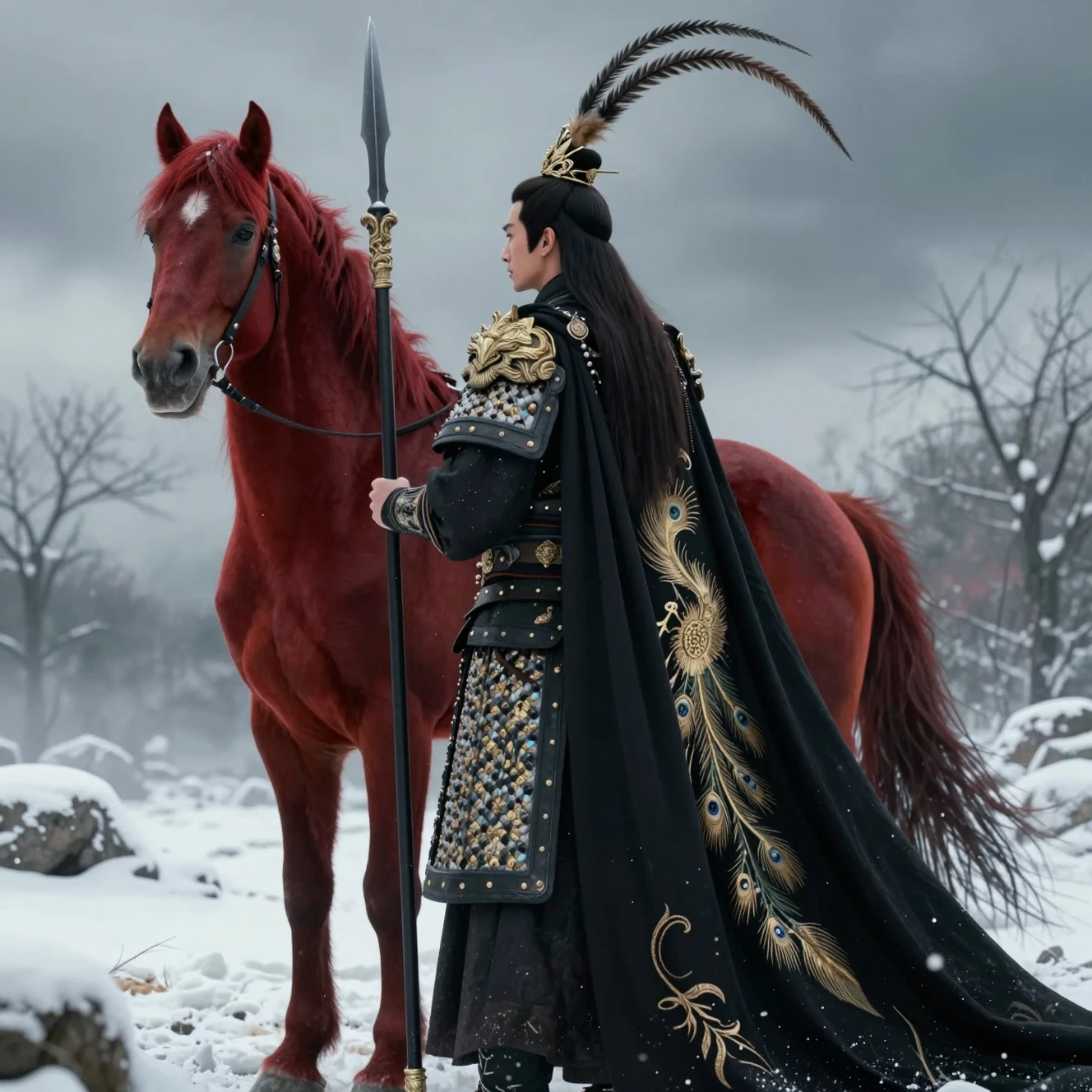 Guerreiro heroico e cavalo de guerra vermelho em campo de batalha nevado