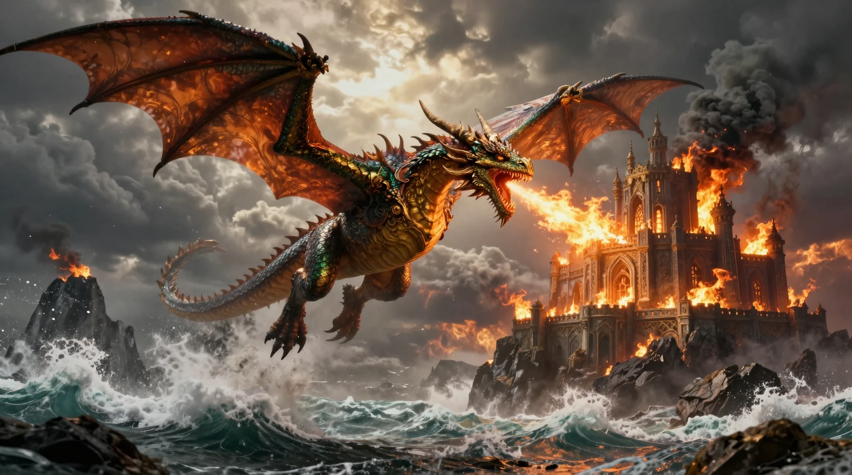 Dragón dorado lanzando fuego sobre un castillo en el acantilado en llamas