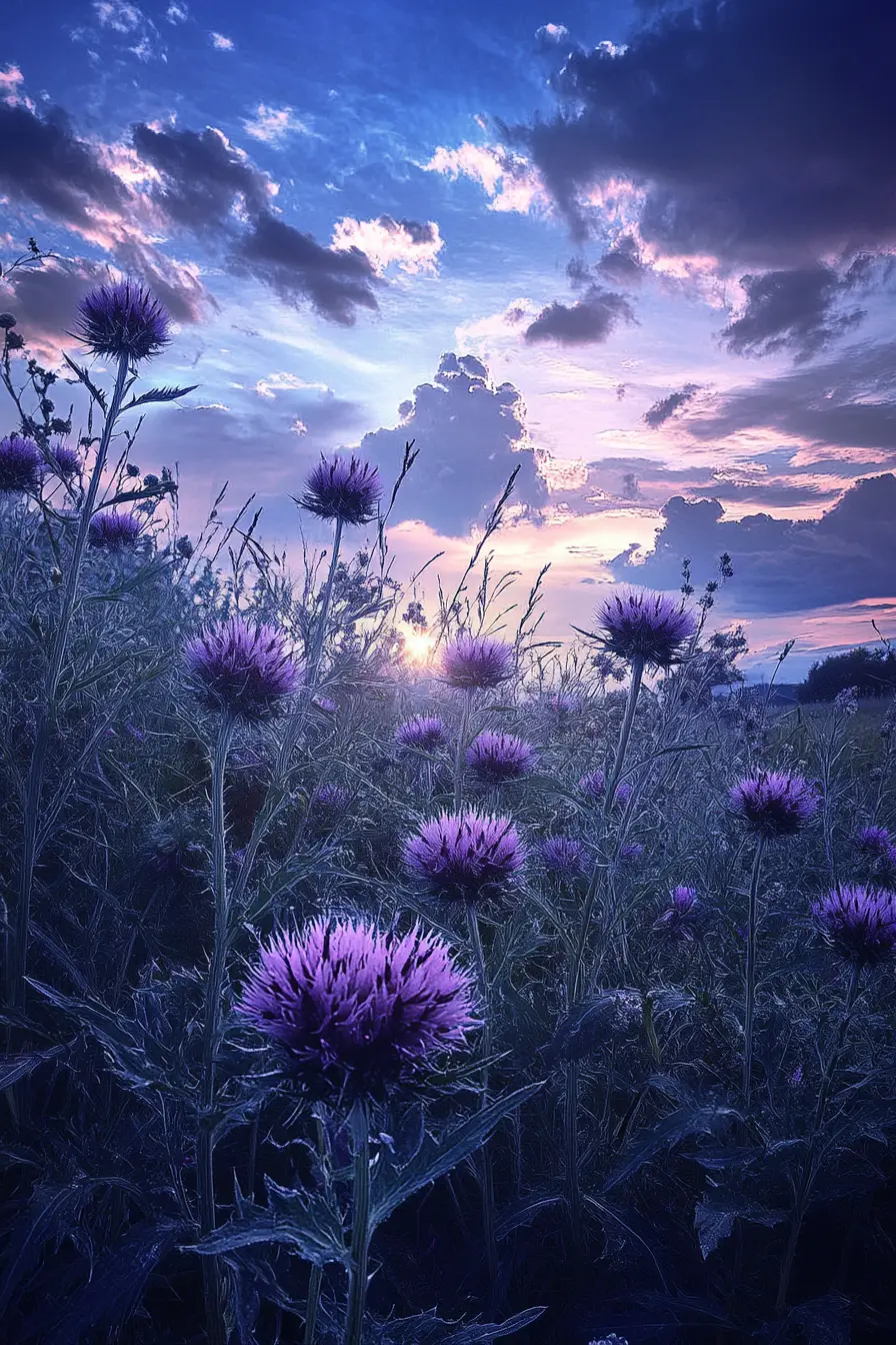 Lila Distelblüten unter einem blauen Abendhimmel