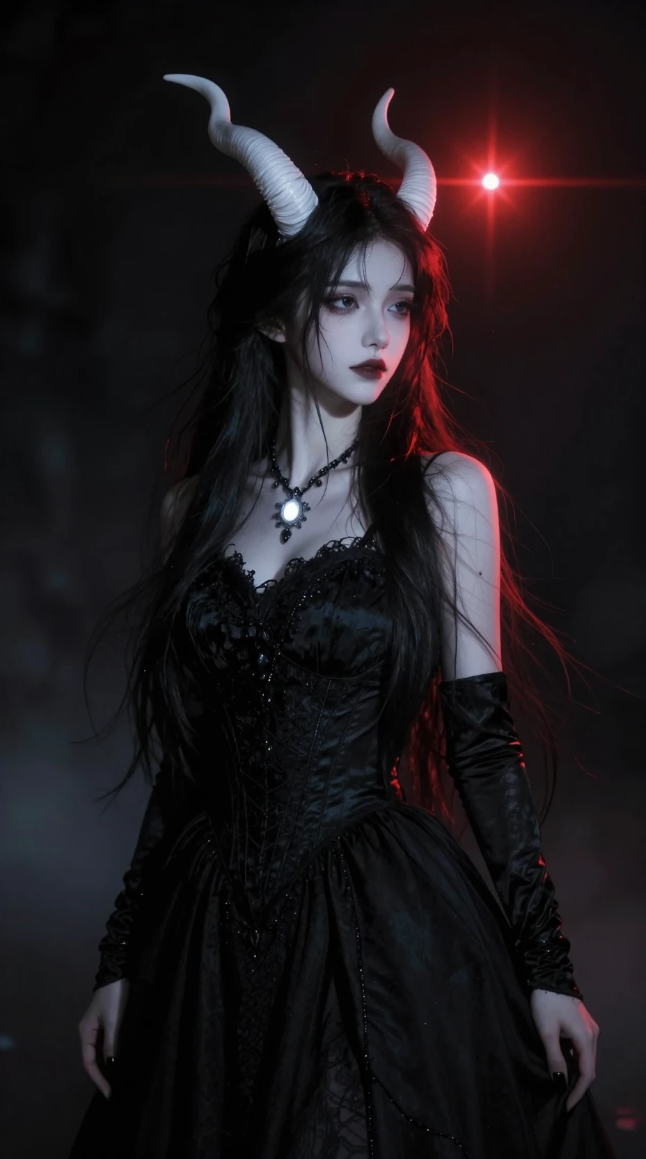 Horned woman in black gothic dress under approaching red star
