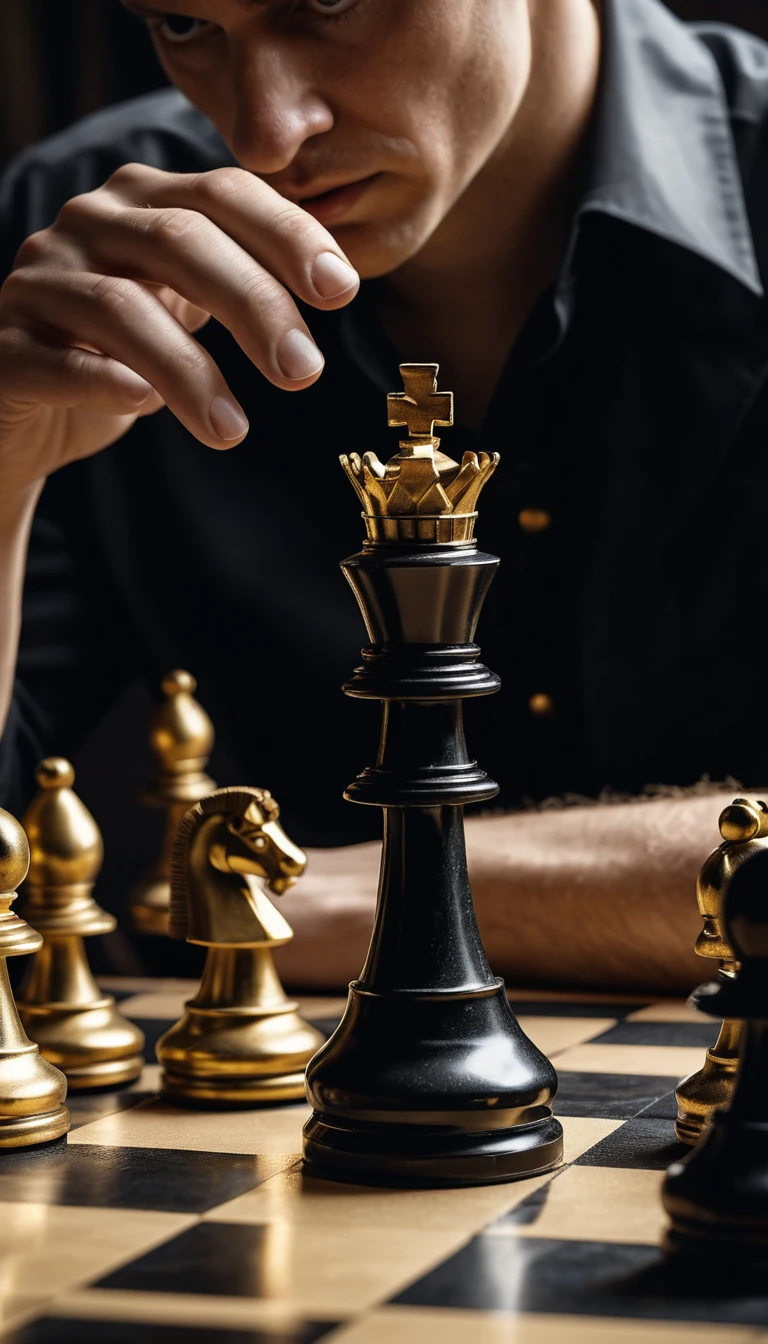 Extreme close up of hand moving glossy black chess queen