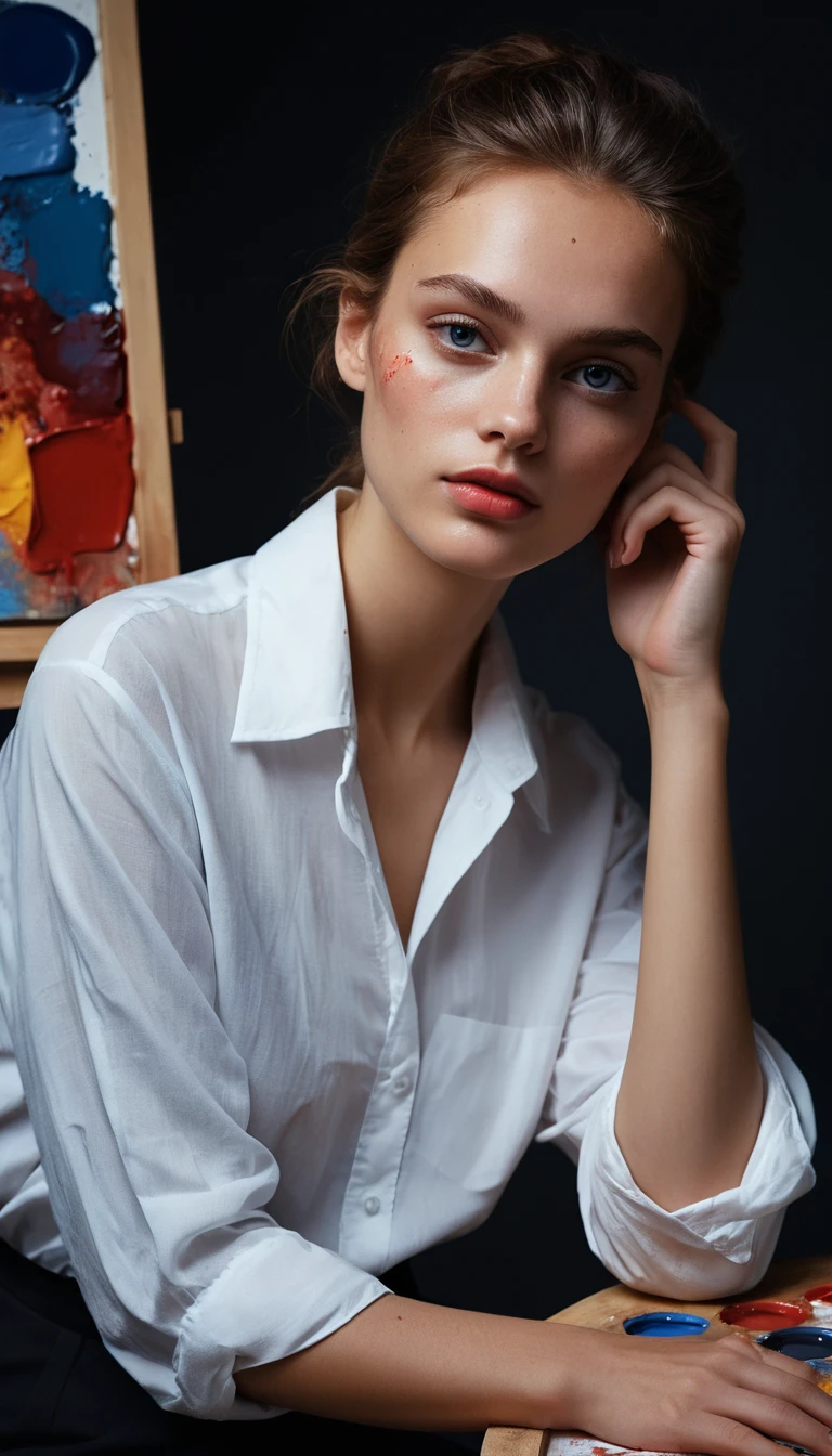Retrato de moda pictórico de uma mulher em estúdio escuro