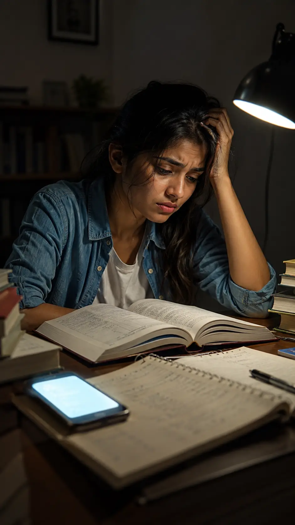 Besorgte Studentin lernt spät an einem überfüllten Schreibtisch