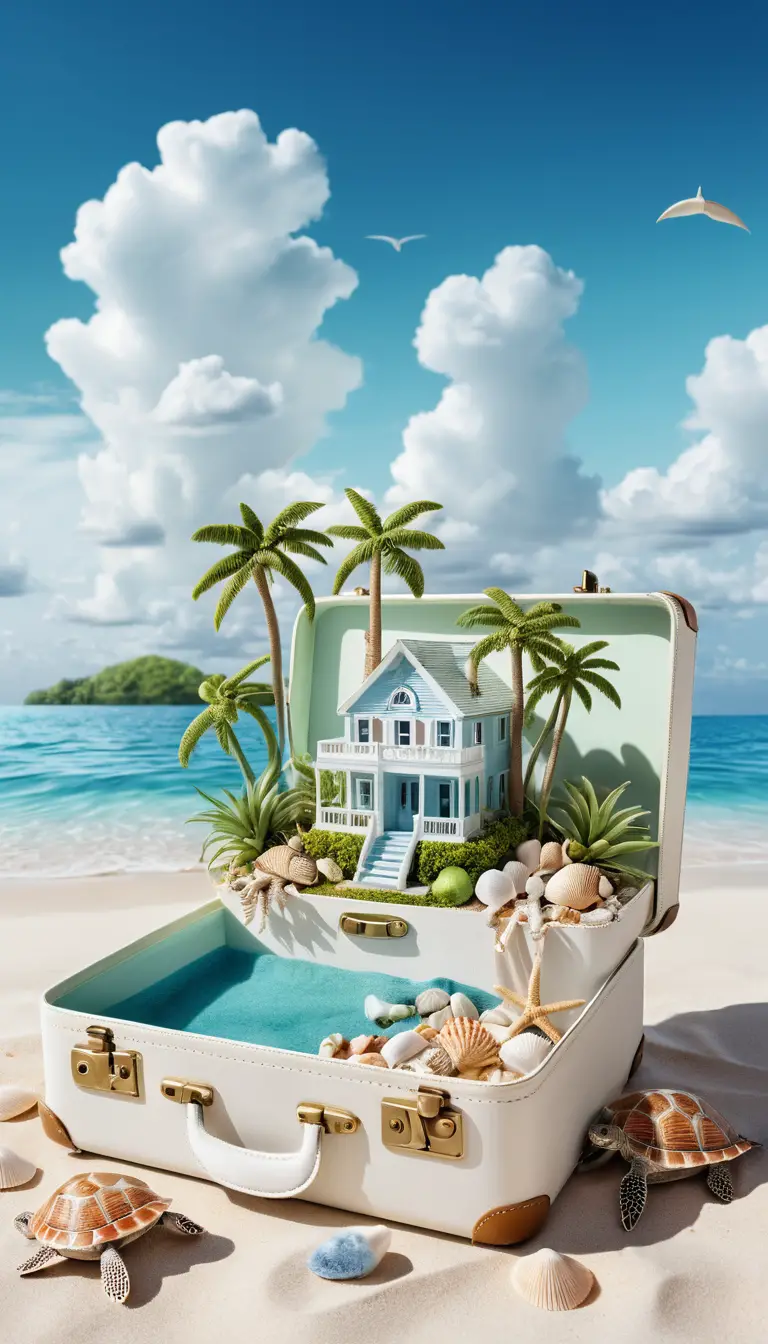Isola surreale in valigia con spiaggia tropicale e piccola casa