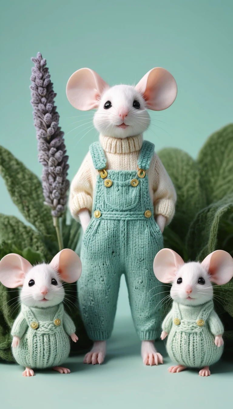Drei winzige weiße Mäuse in einem bunten gestrickten Fantasiegarten