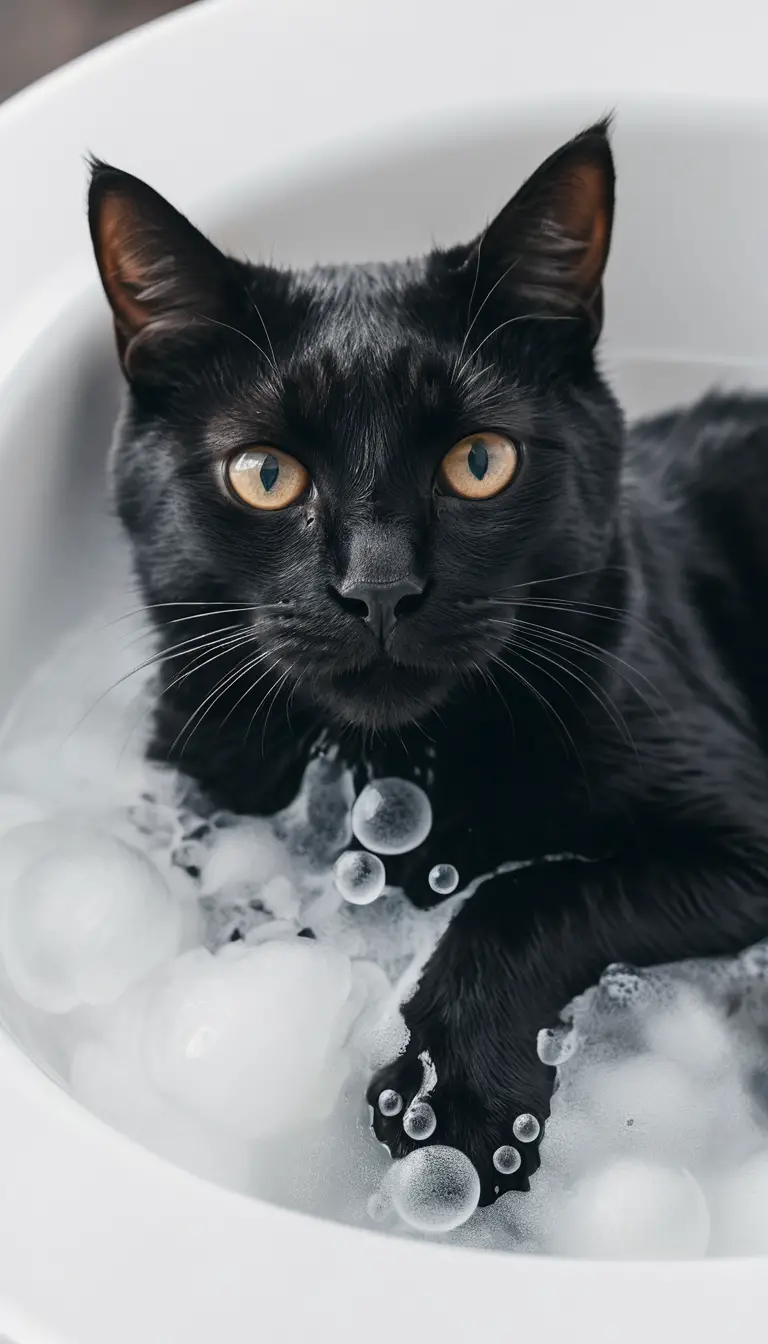 Black cat hidden in a foamy bubble bath close up