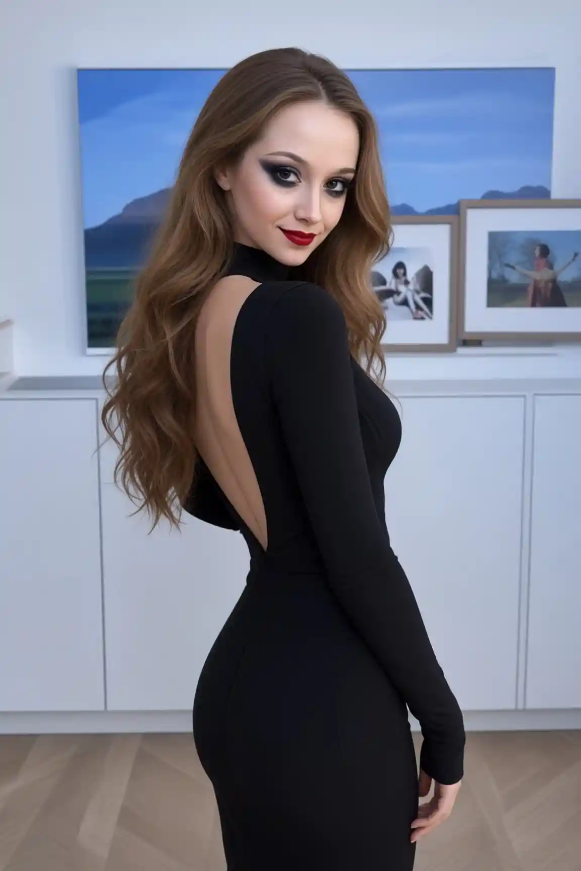 Woman with dramatic makeup and long loose hair in profile