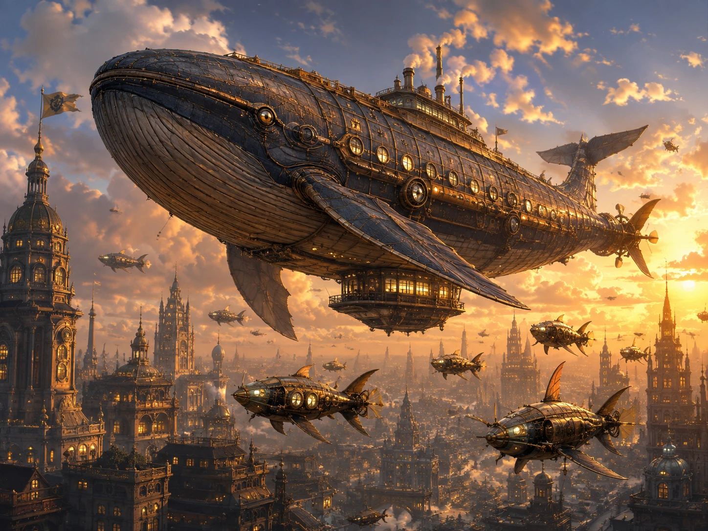 Imponente aeronave steampunk sobre uma cidade fantástica luminosa