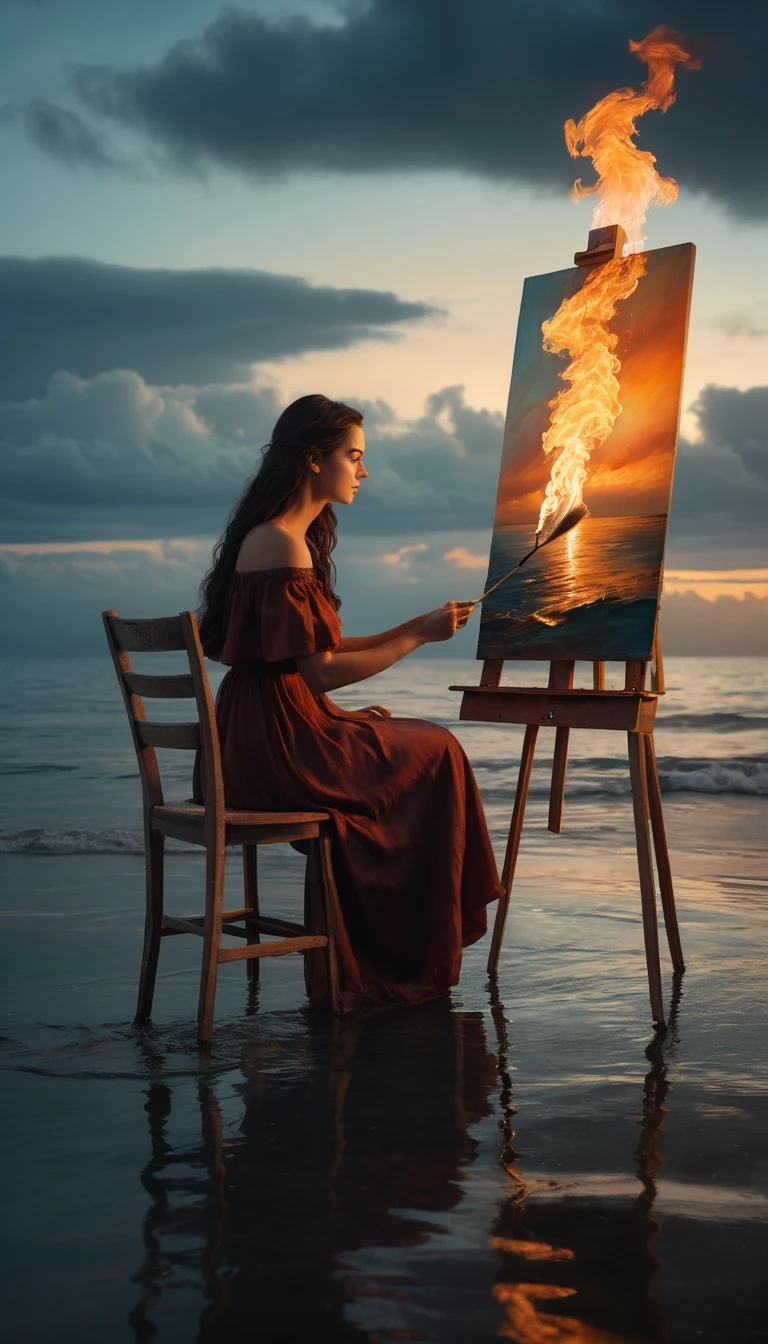 Mulher pintando em uma tela em chamas no mar ao entardecer