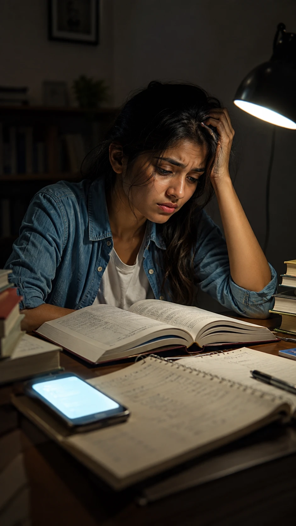 散らかった机で夜遅くまで勉強する不安そうな大学生