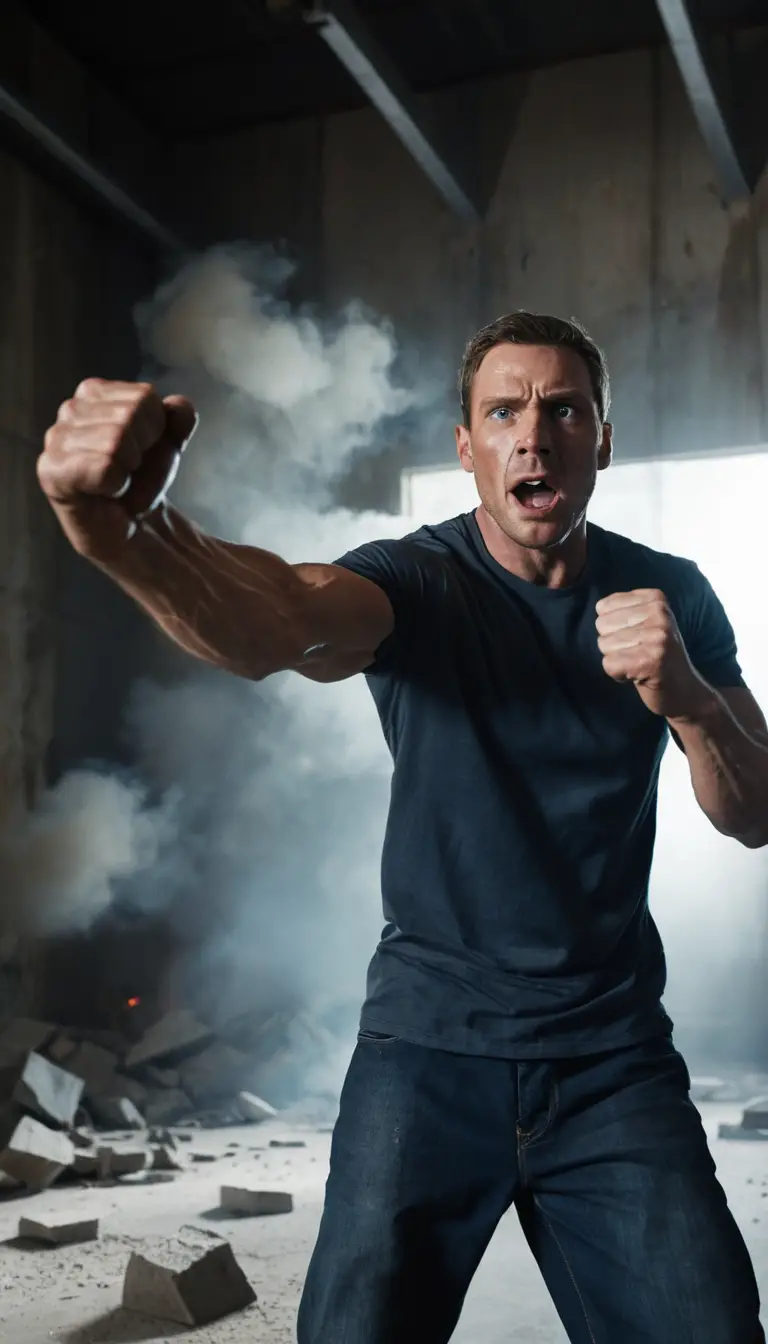 Athletic man punching through concrete wall in industrial space