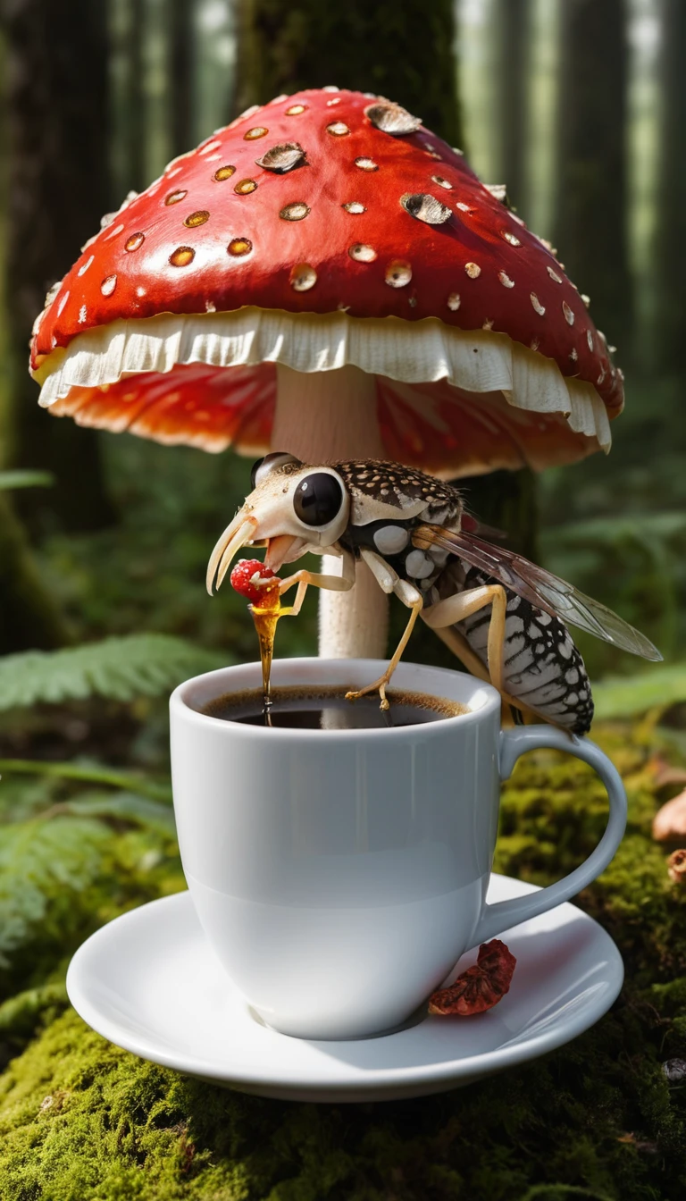 Flor antropomórfica bebiendo café sobre un hongo matamoscas
