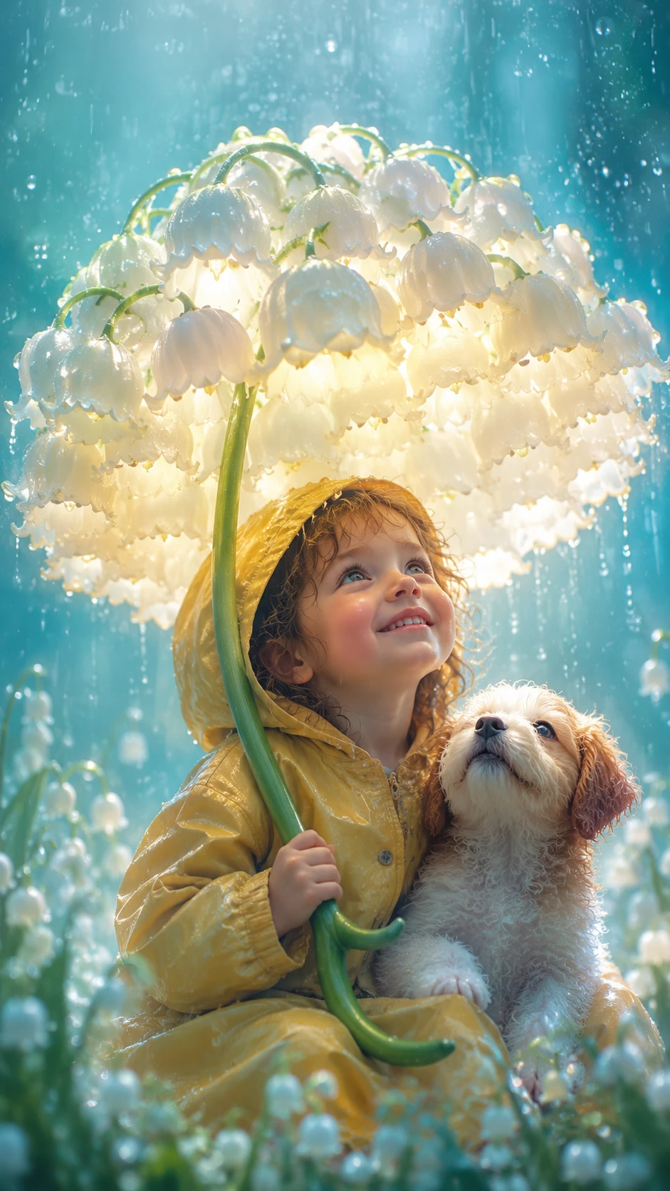 Criança e cachorro sob guarda-chuva de lírio brilhante na chuva suave