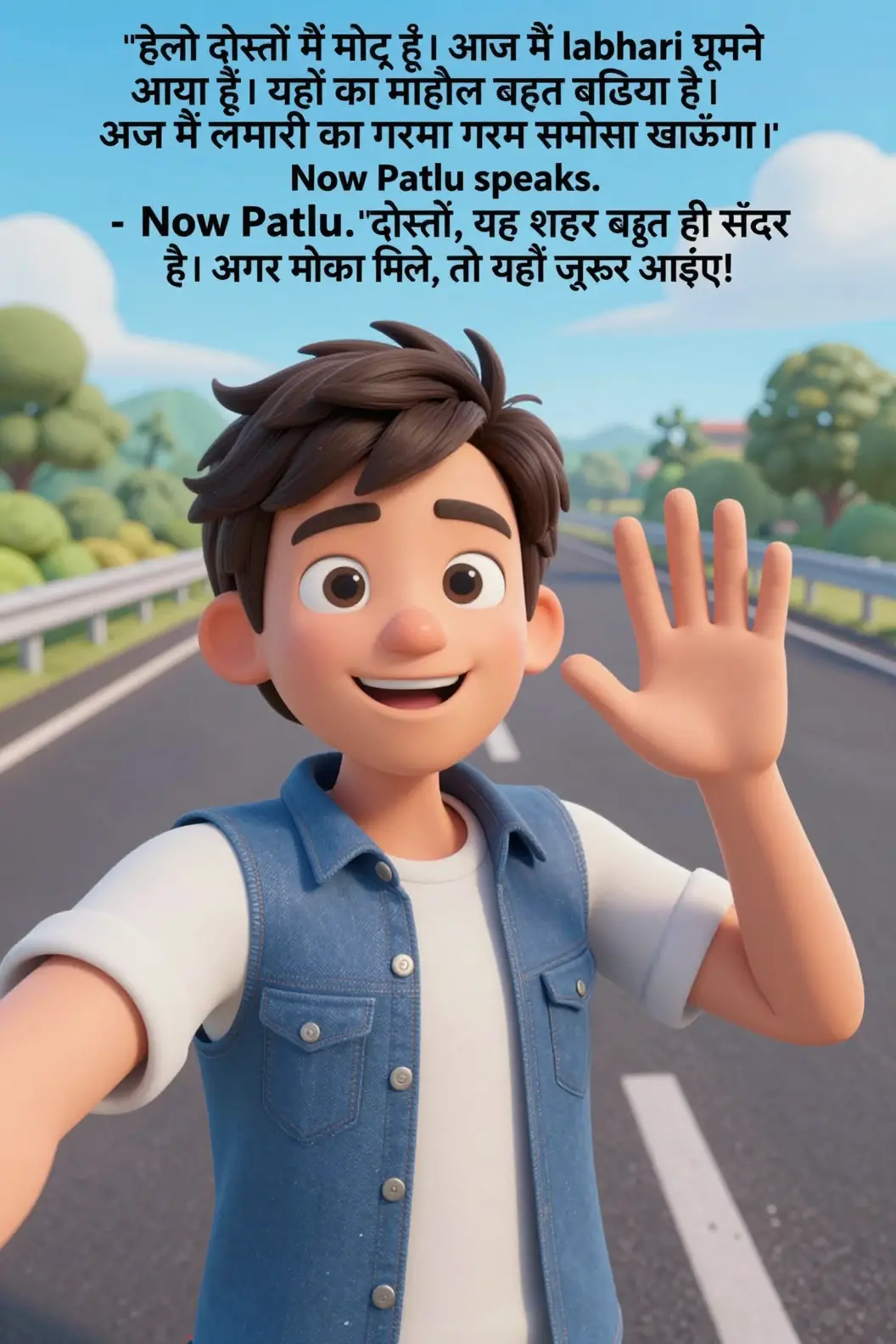 3D animated selfie vlog with two cartoon friends on highway