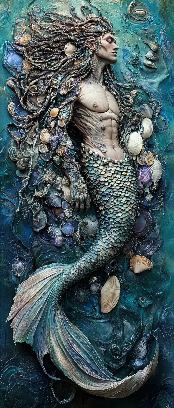 Ritratto Surreale di un Potente Re Sirena in Armatura di Conchiglie