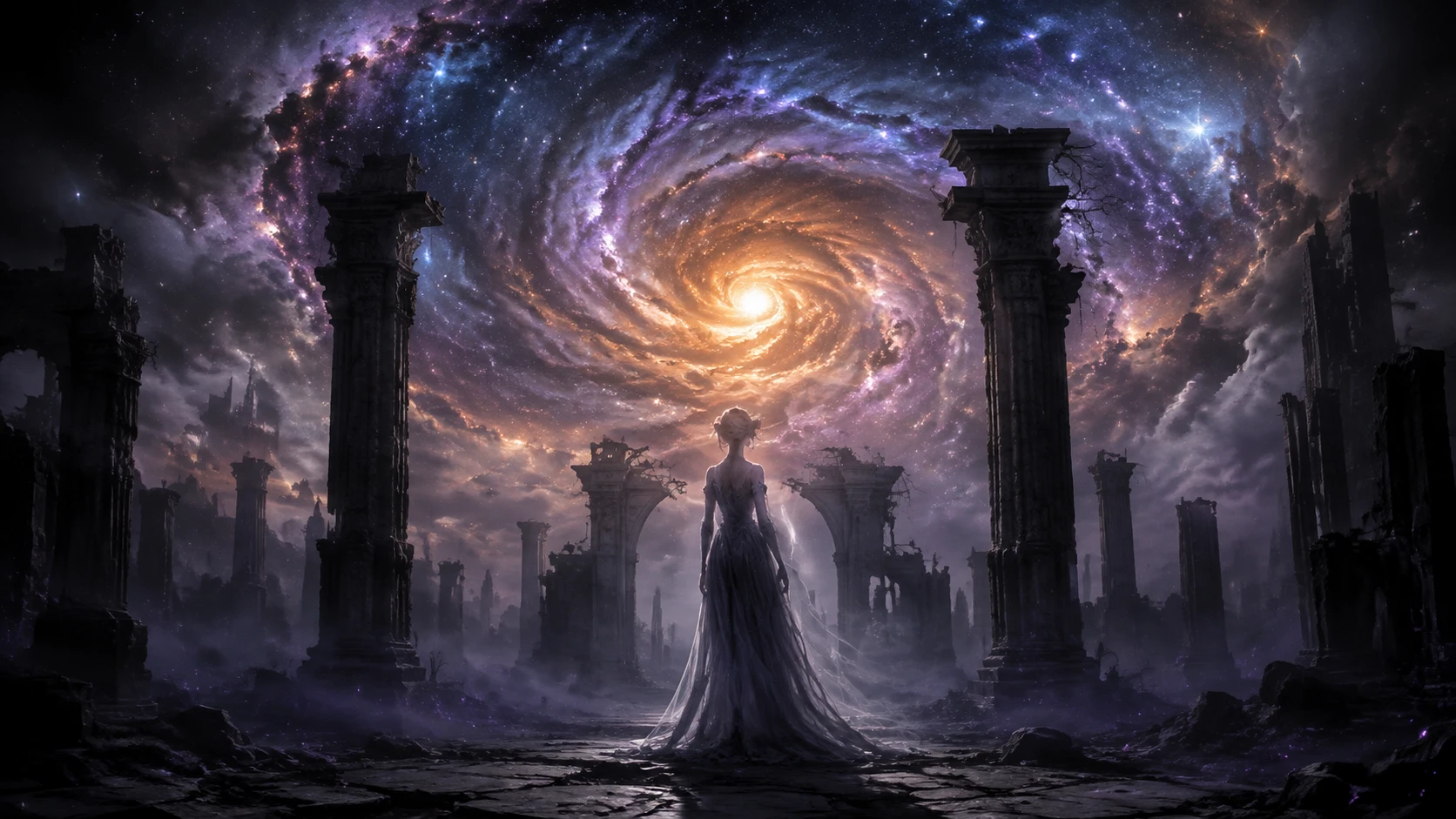 輝く星雲の下、宇宙の廃墟に立つ幻想的な女性