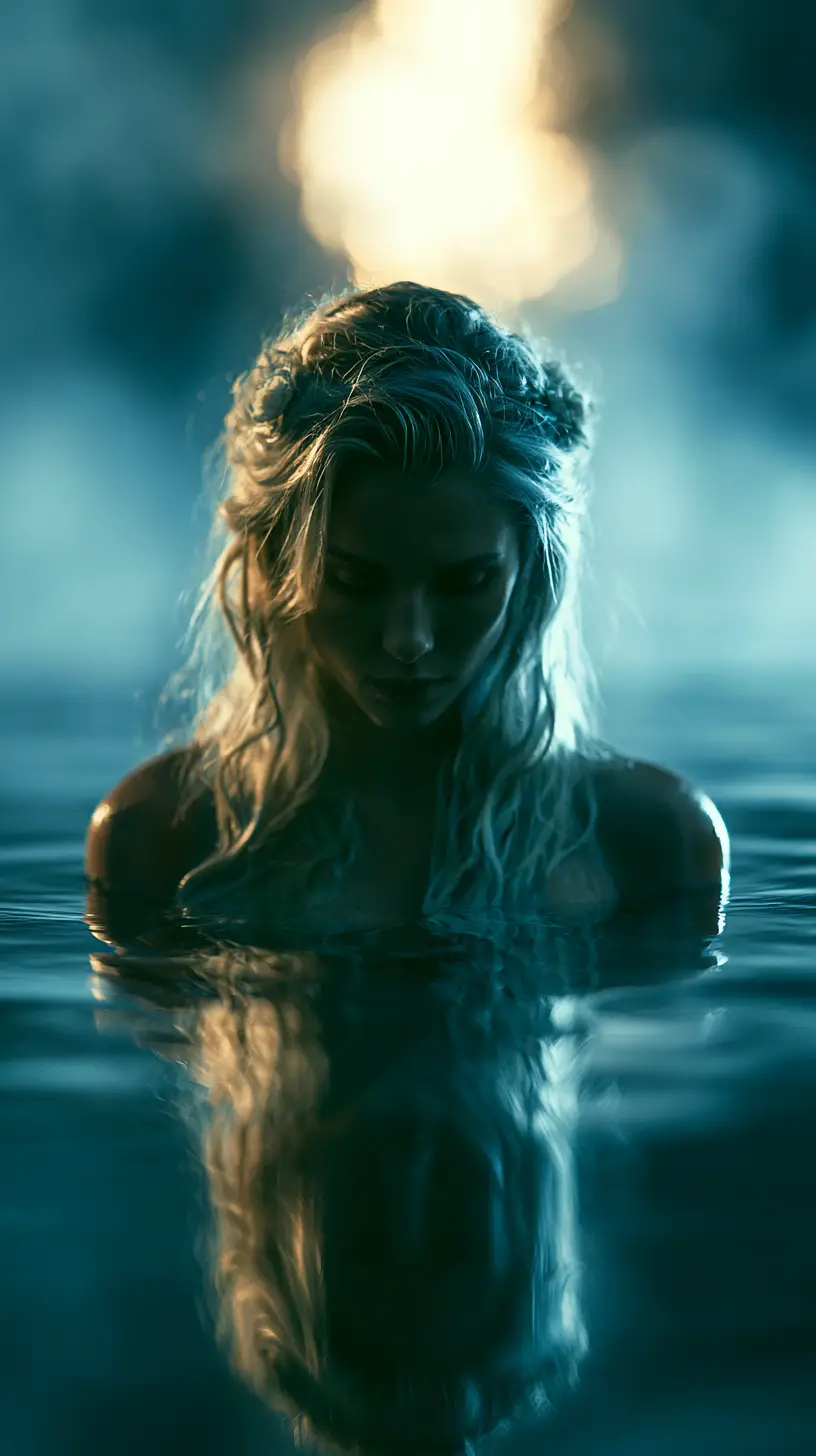 Sirena mistica che emerge da acque calme all’alba