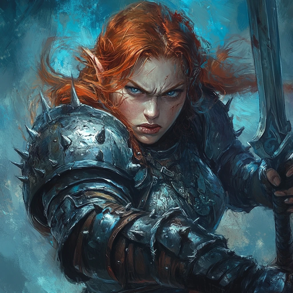 Angry red haired dwarf warrior woman in dark spiked armor