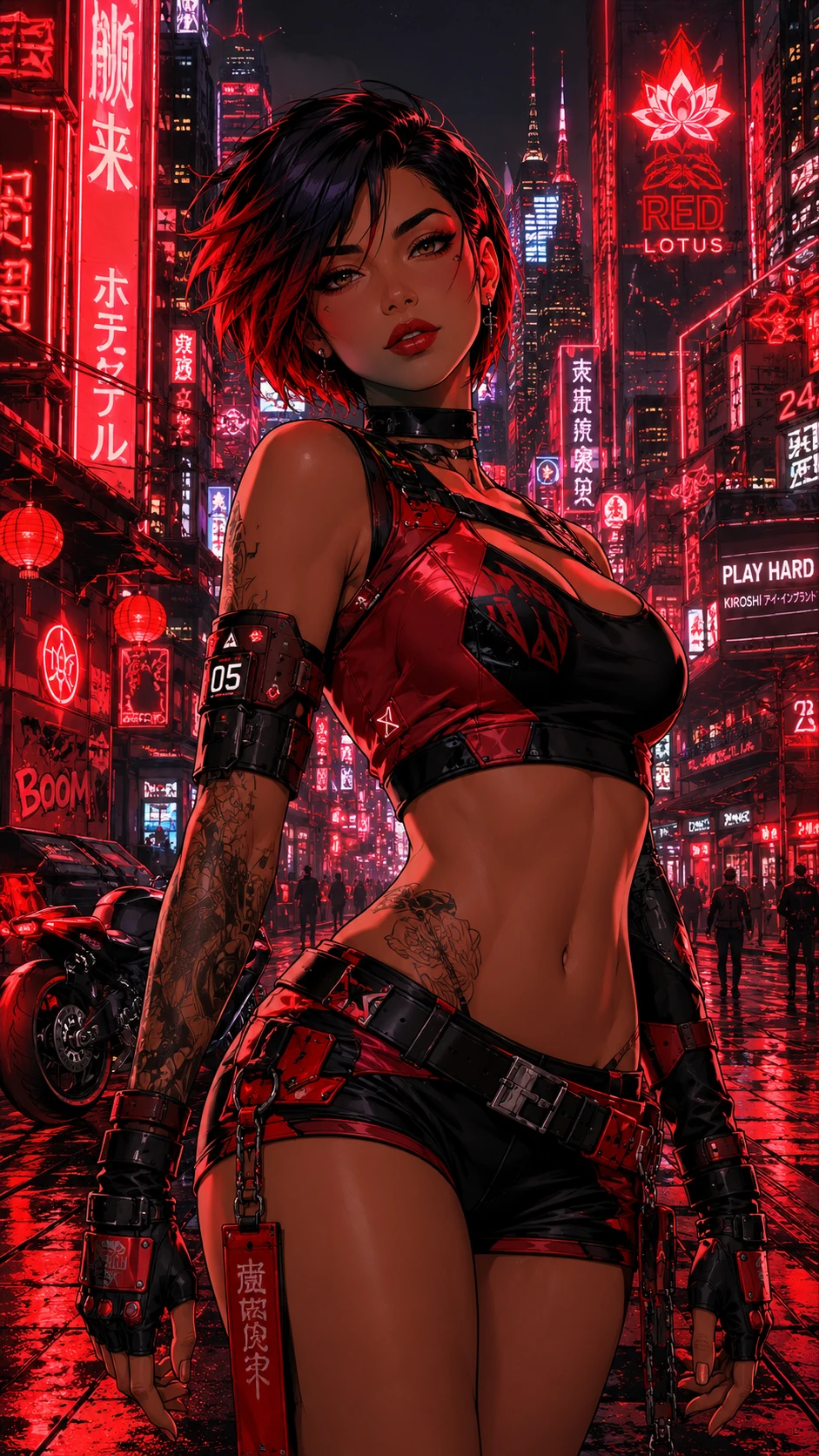 Fille cyberpunk aux formes généreuses dans une rue de ville éclairée au néon