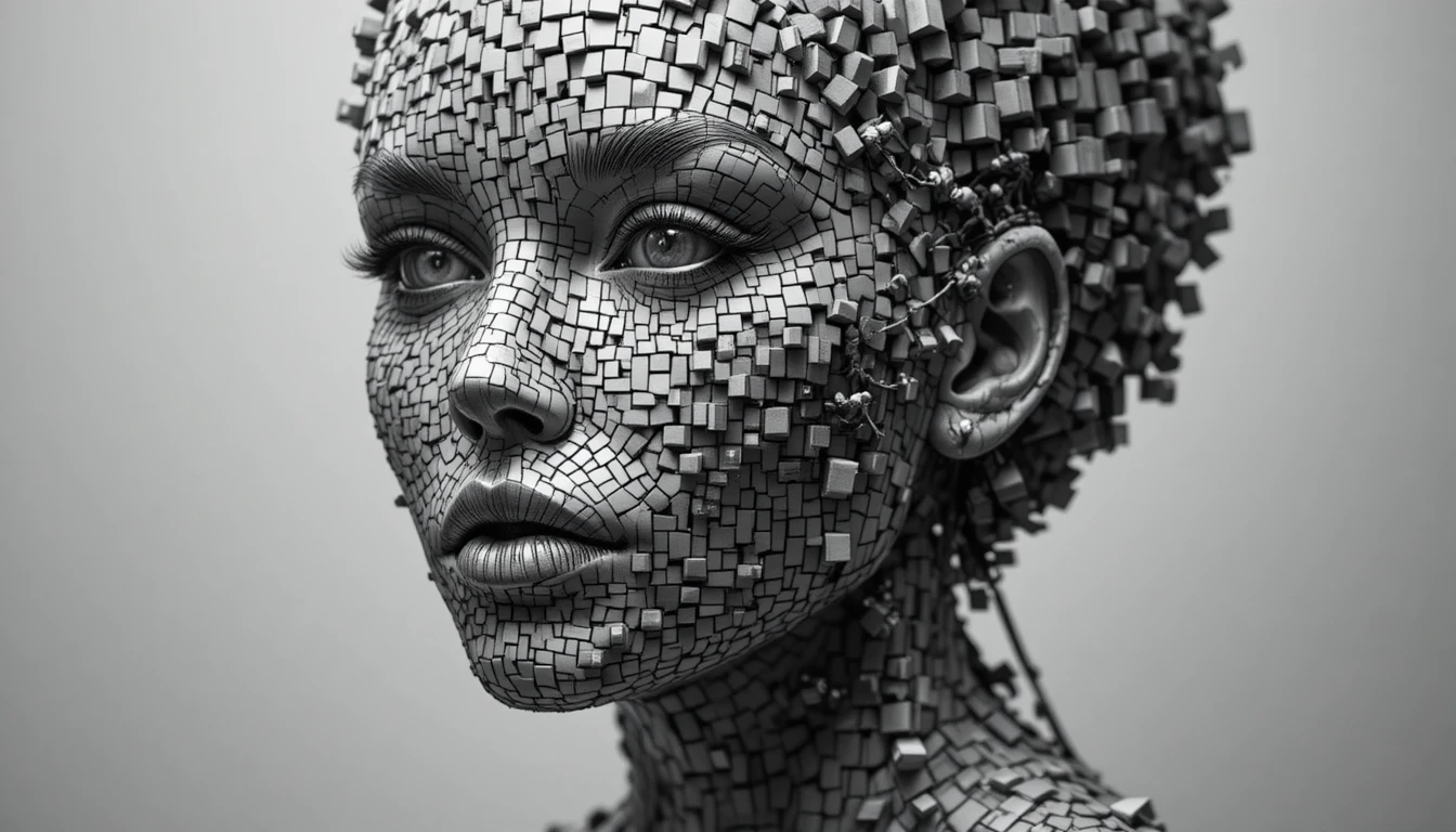Rosto feminino cúbico surreal construído por minúsculos trabalhadores