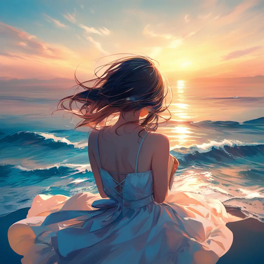 Woman in blue dress sitting on a windy sandy beach