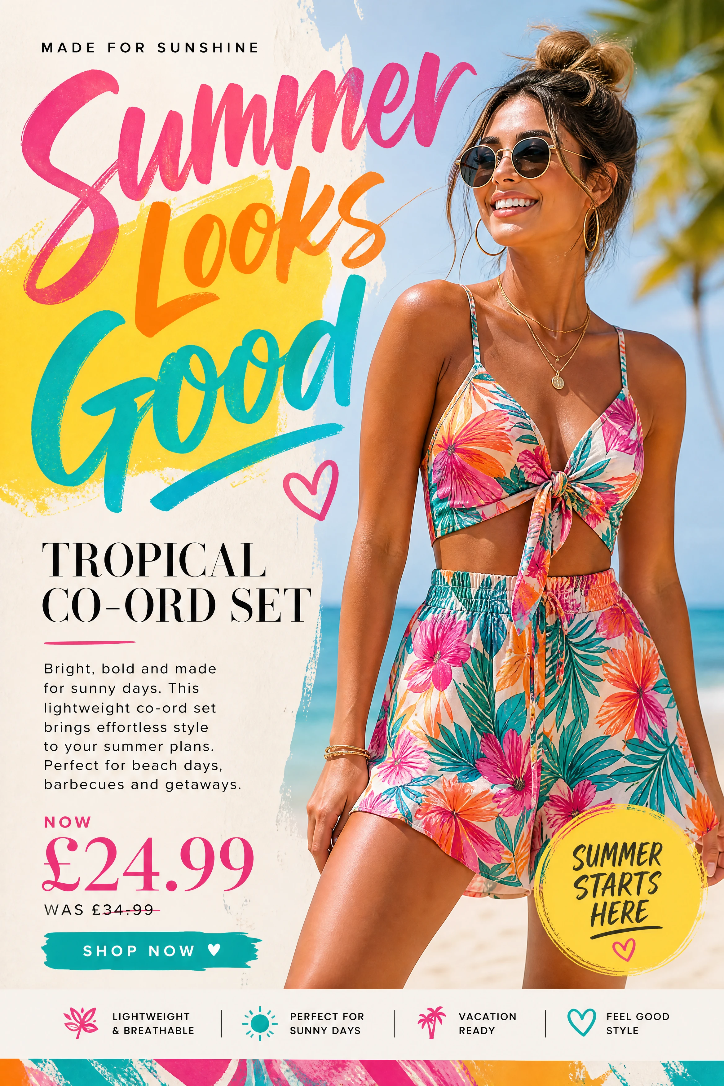 Stylish young woman in colorful beach fashion advert layout