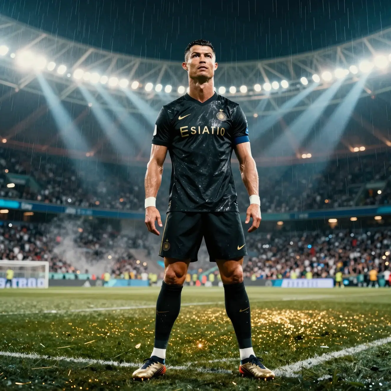 Cinematic portrait of a football star in a rainy stadium