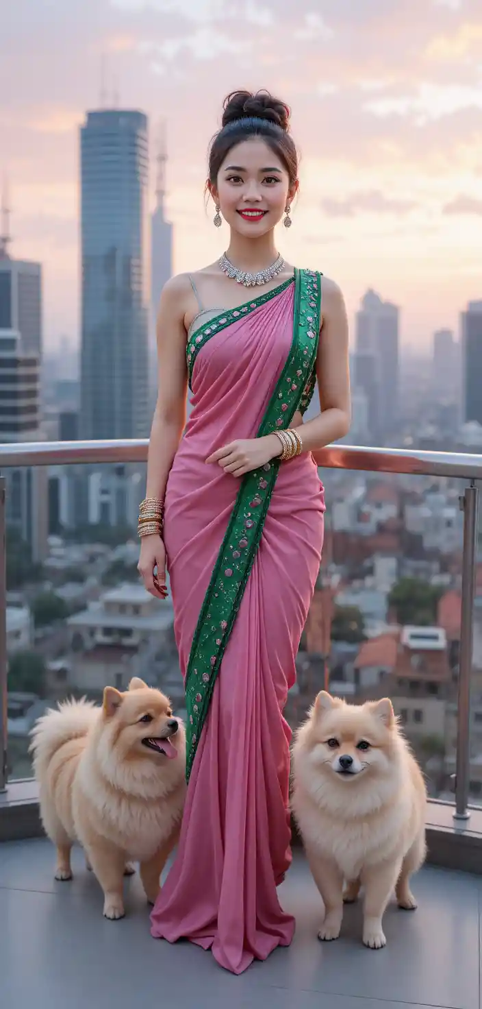 Smiling Woman On Balcony With Dog At Pink Sunset