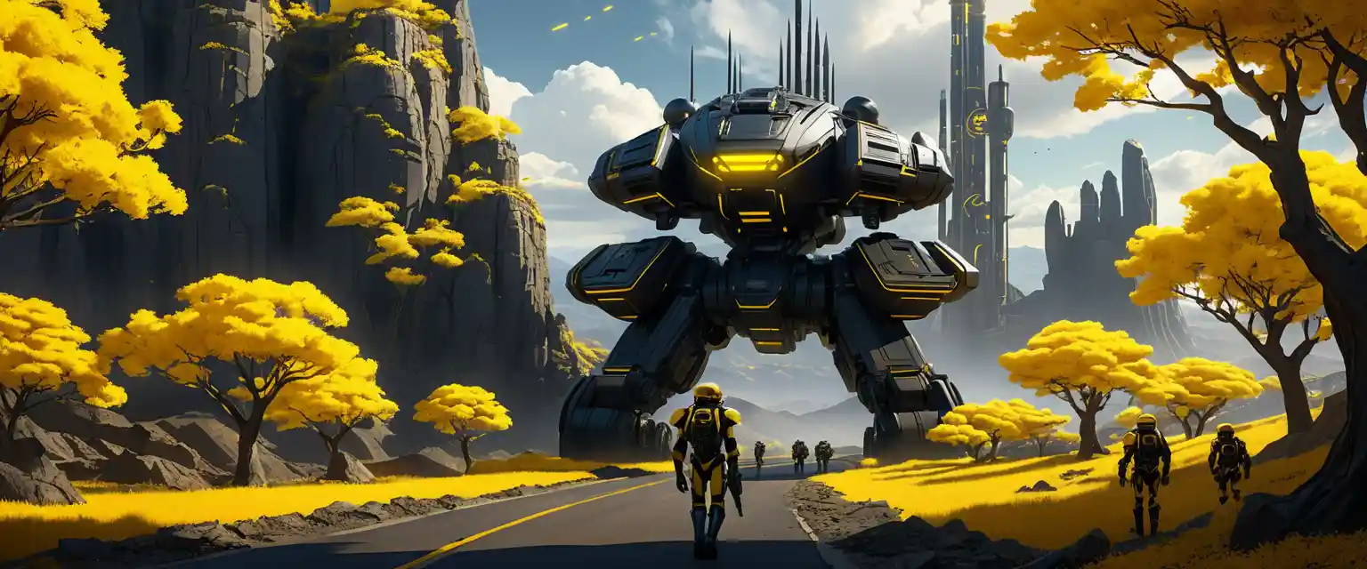 Soldados de anime isekai en un cañón futurista de ciencia ficción