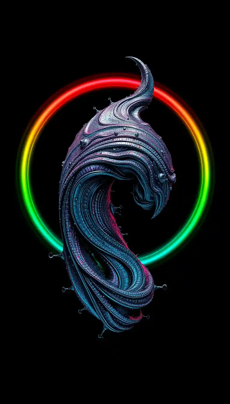 Entité alien bioluminescente entourée d’anneaux de couleur radiants