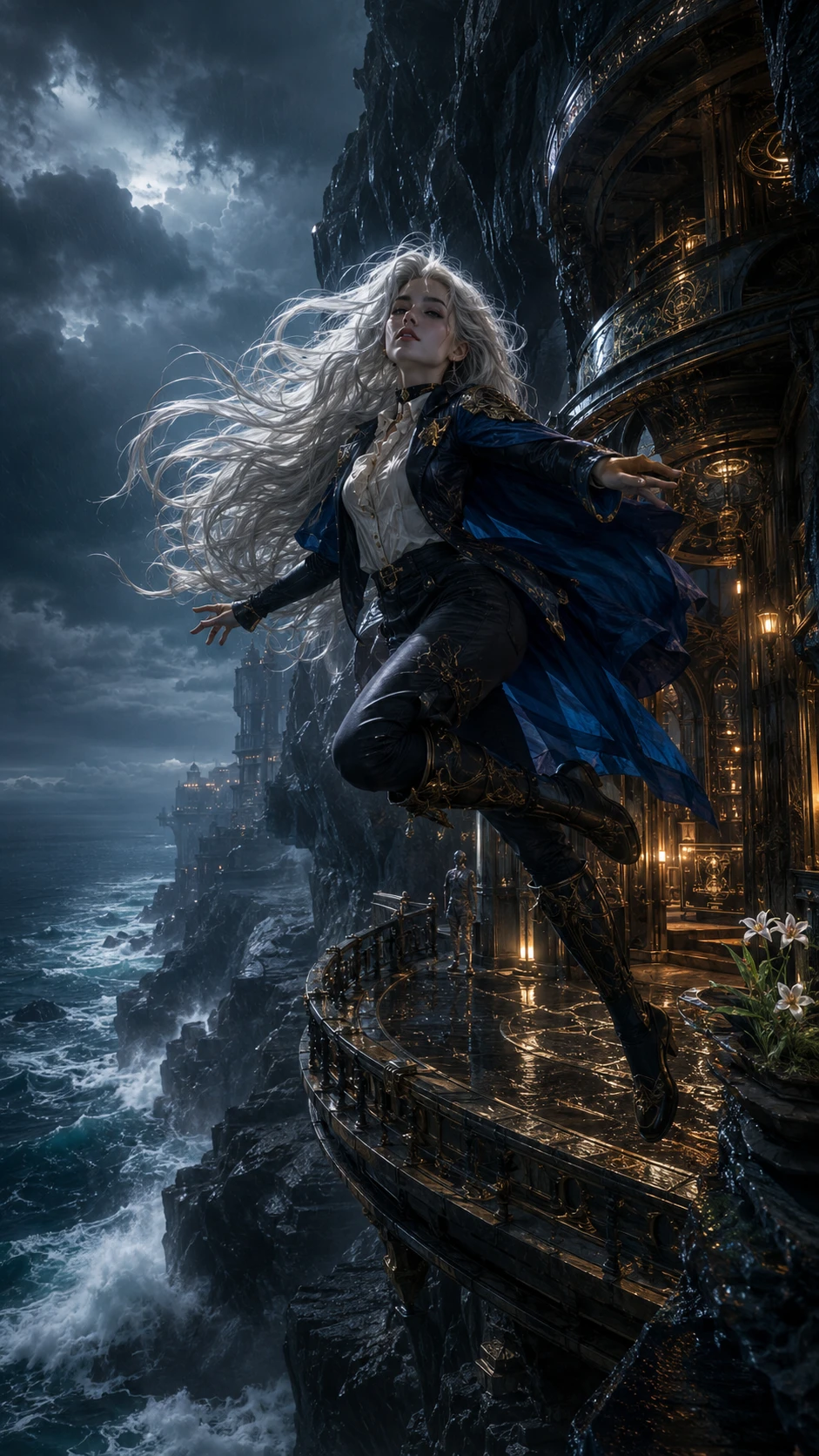 Princess leaping above a stormy cliffside balcony
