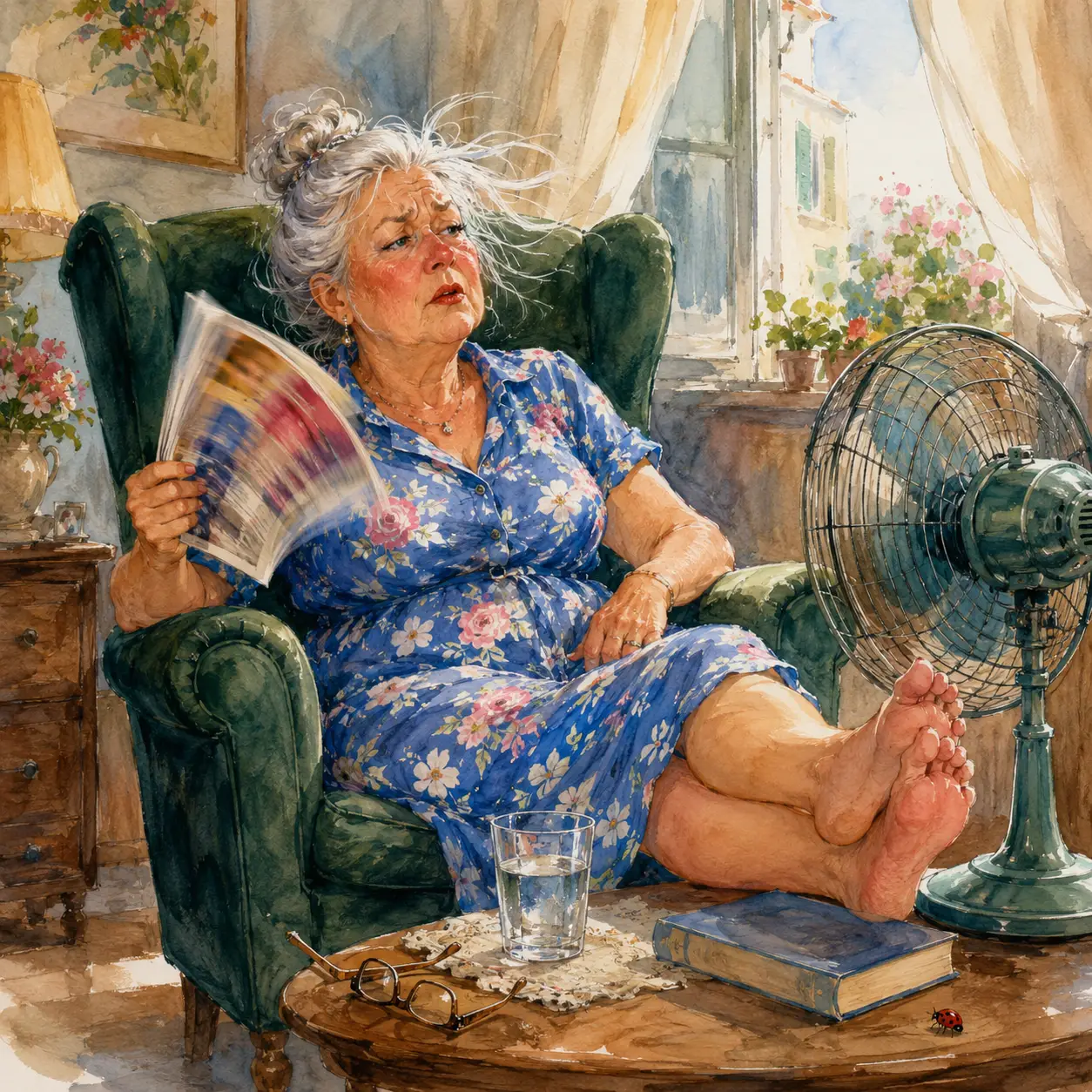 Older woman cooling herself in a cozy living room