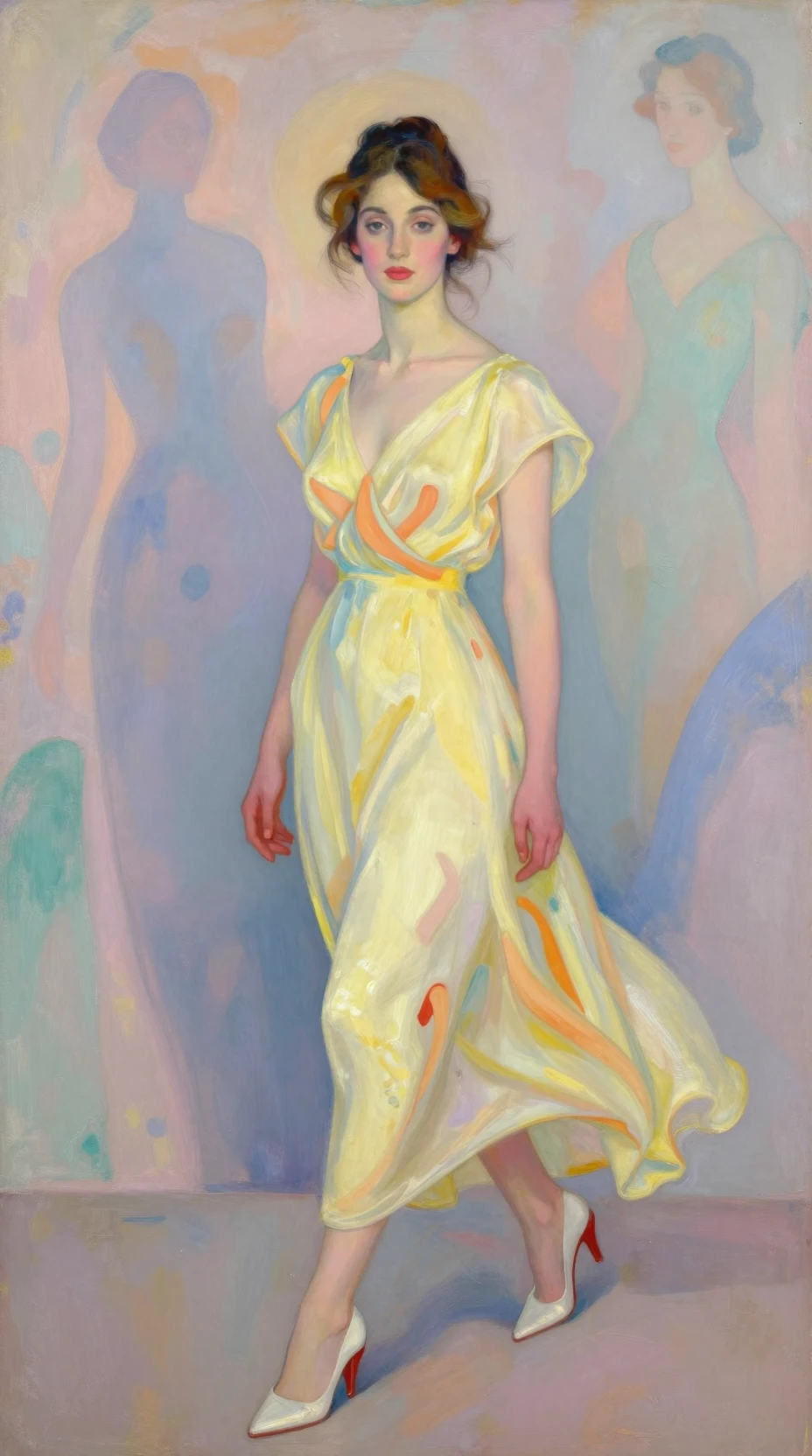 Elegant woman in pale yellow dress before pastel mural