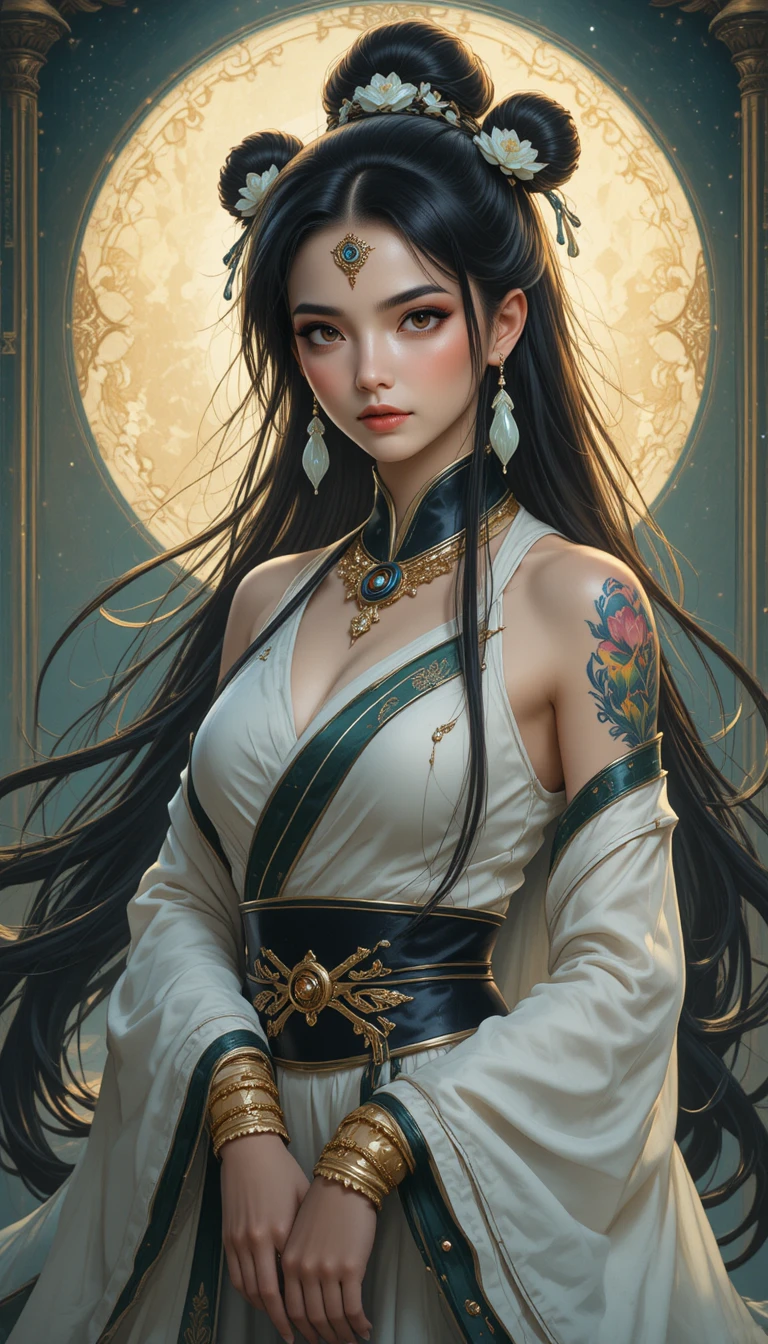 Mulher pandawa de anime com orelhas de panda em trajes tradicionais