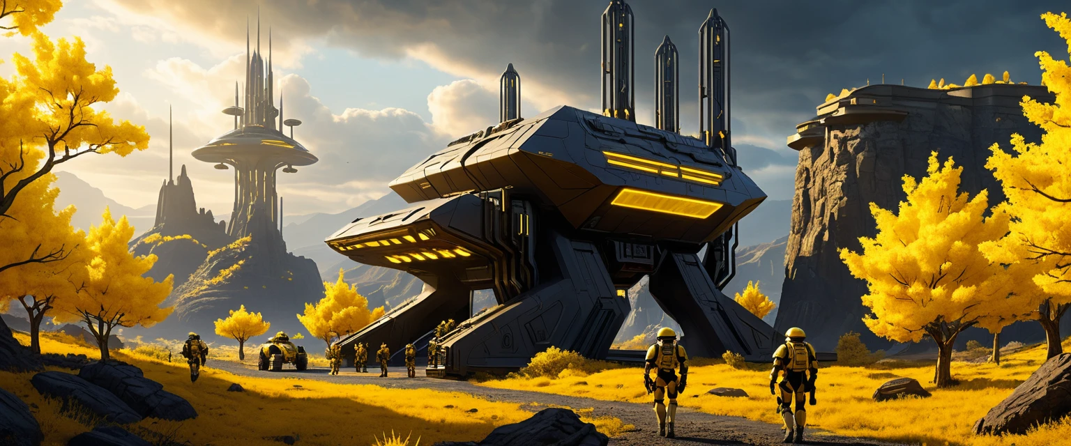 Soldados futuristas em uma base de pesquisa em cânion sci‑fi