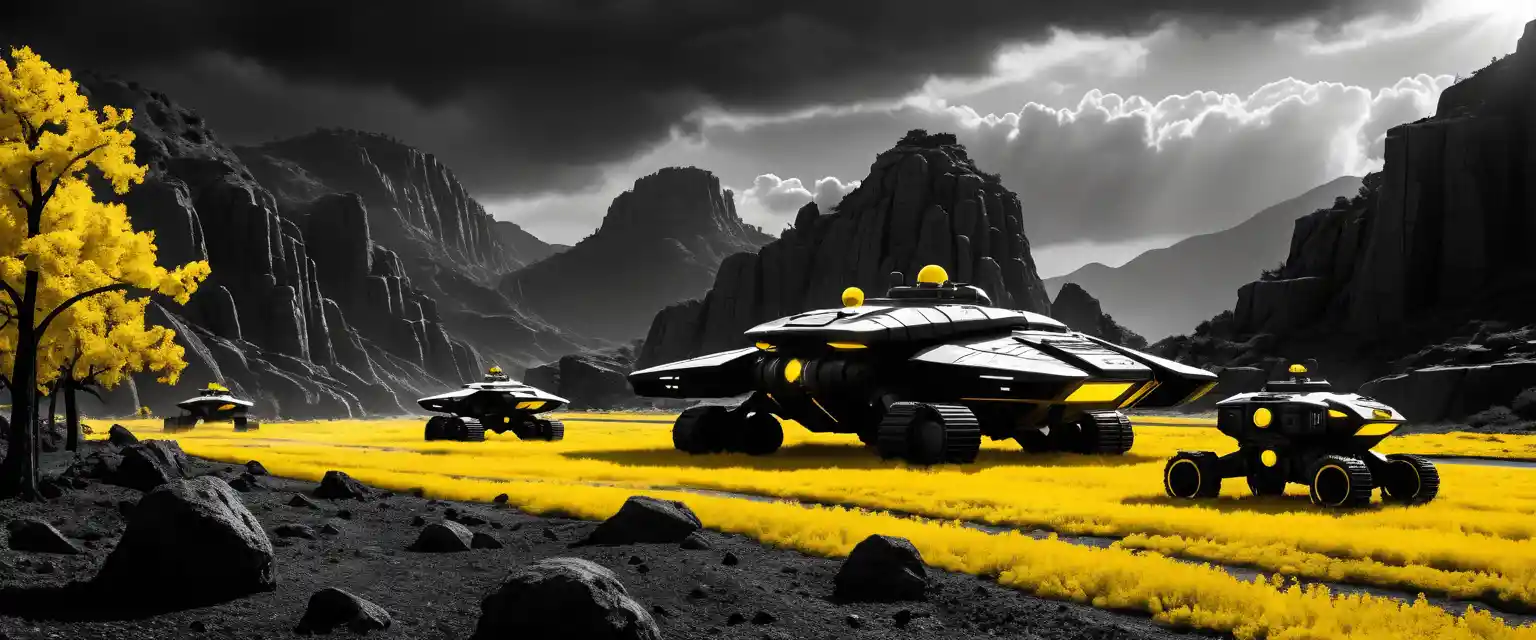 Soldats de science-fiction en noir et blanc dans une forteresse de canyon