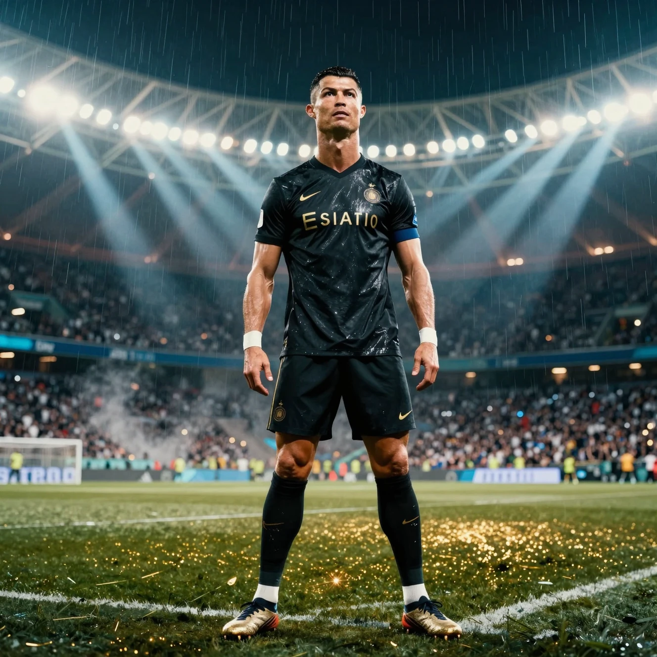 Retrato cinematográfico de una estrella del fútbol en un estadio lluvioso