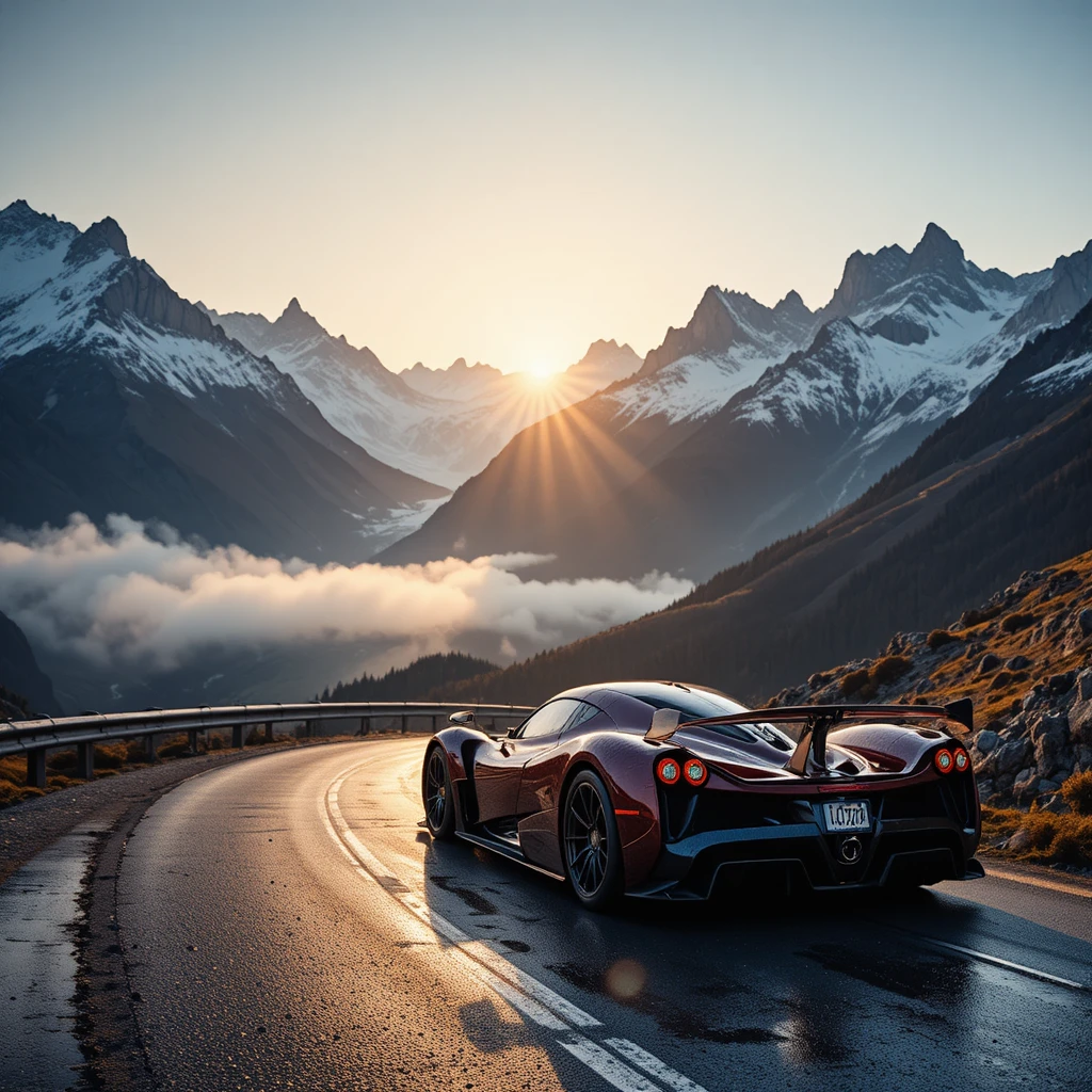 日出時濕滑山路上的 Pagani Huayra