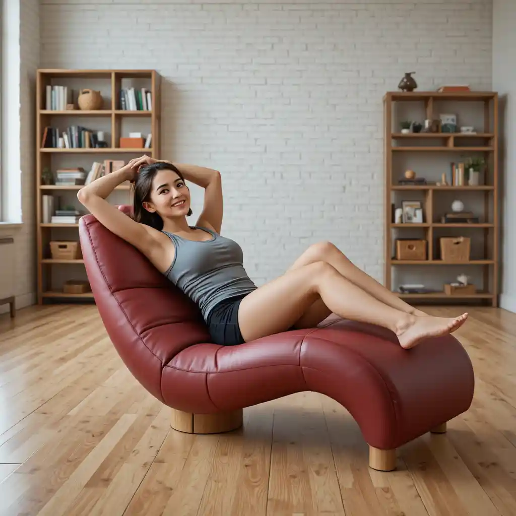 Young woman relaxing on red ergonomic lounge chair